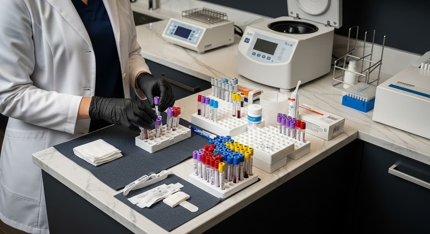 Blood testing laboratory with phlebotomist and equipment
