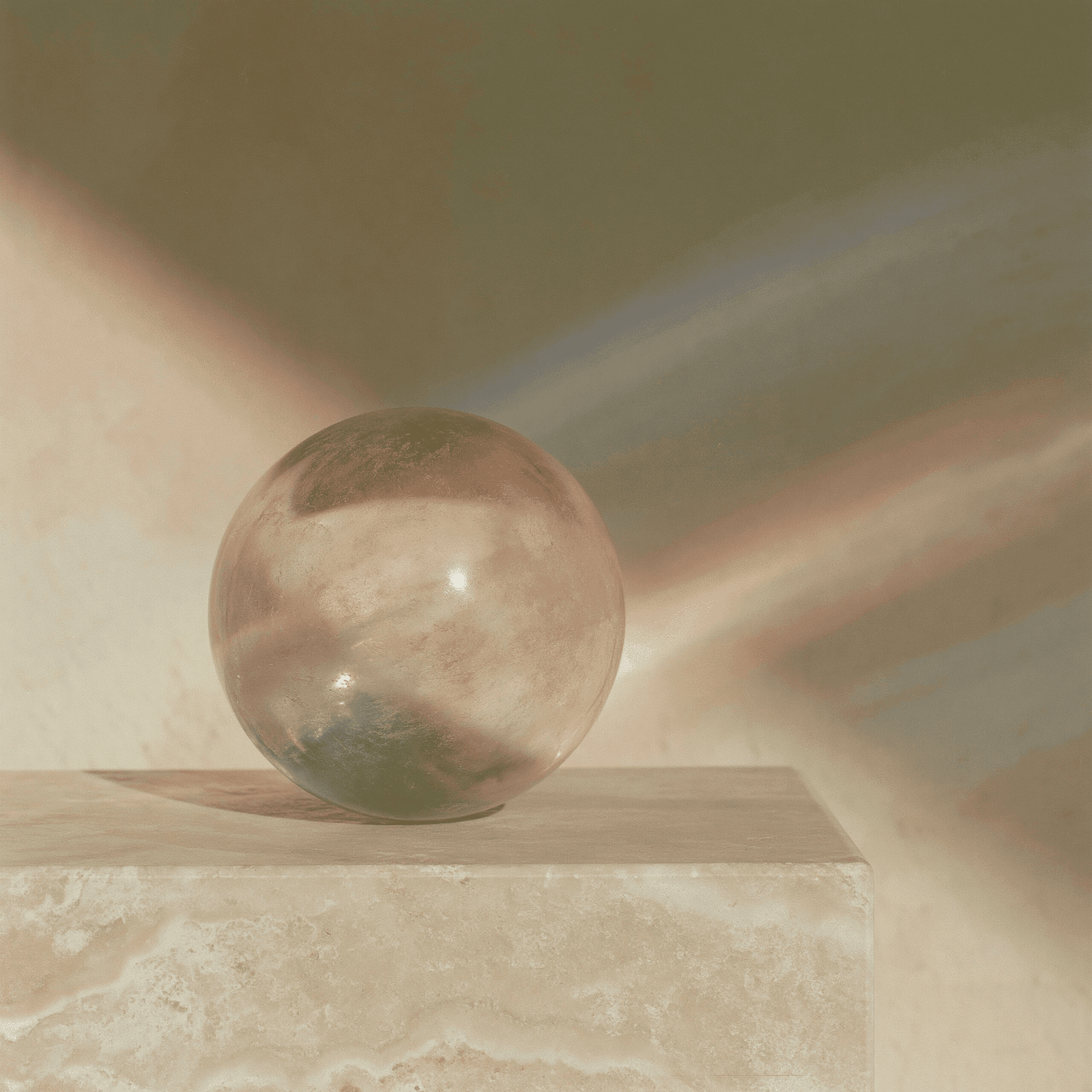 A single crystal sphere on a travertine plinth catching a prism of light, evoking the deep-resolution detail of whole-genome sequencing