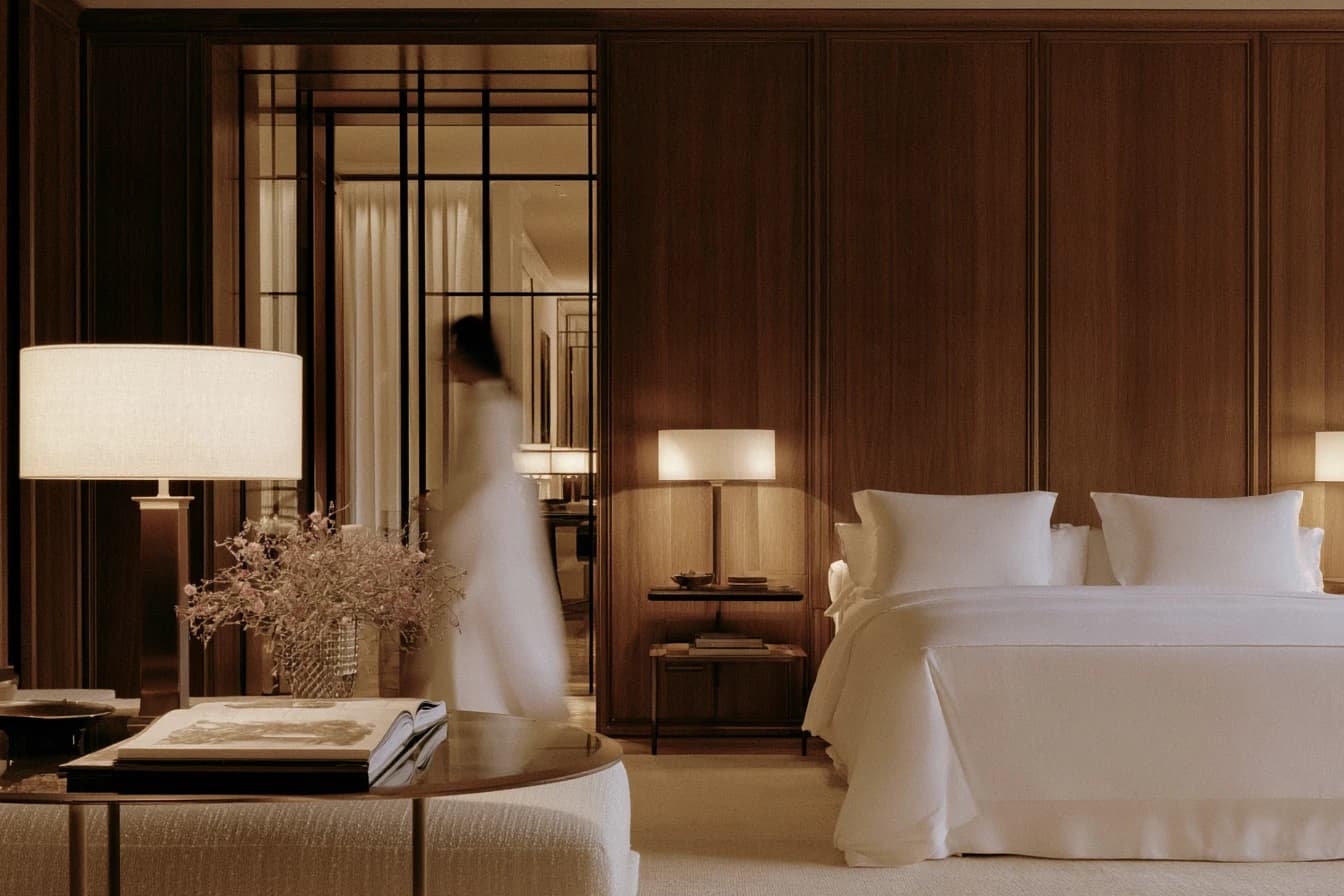 A panelled bedroom in lamplight, someone passing in a white robe