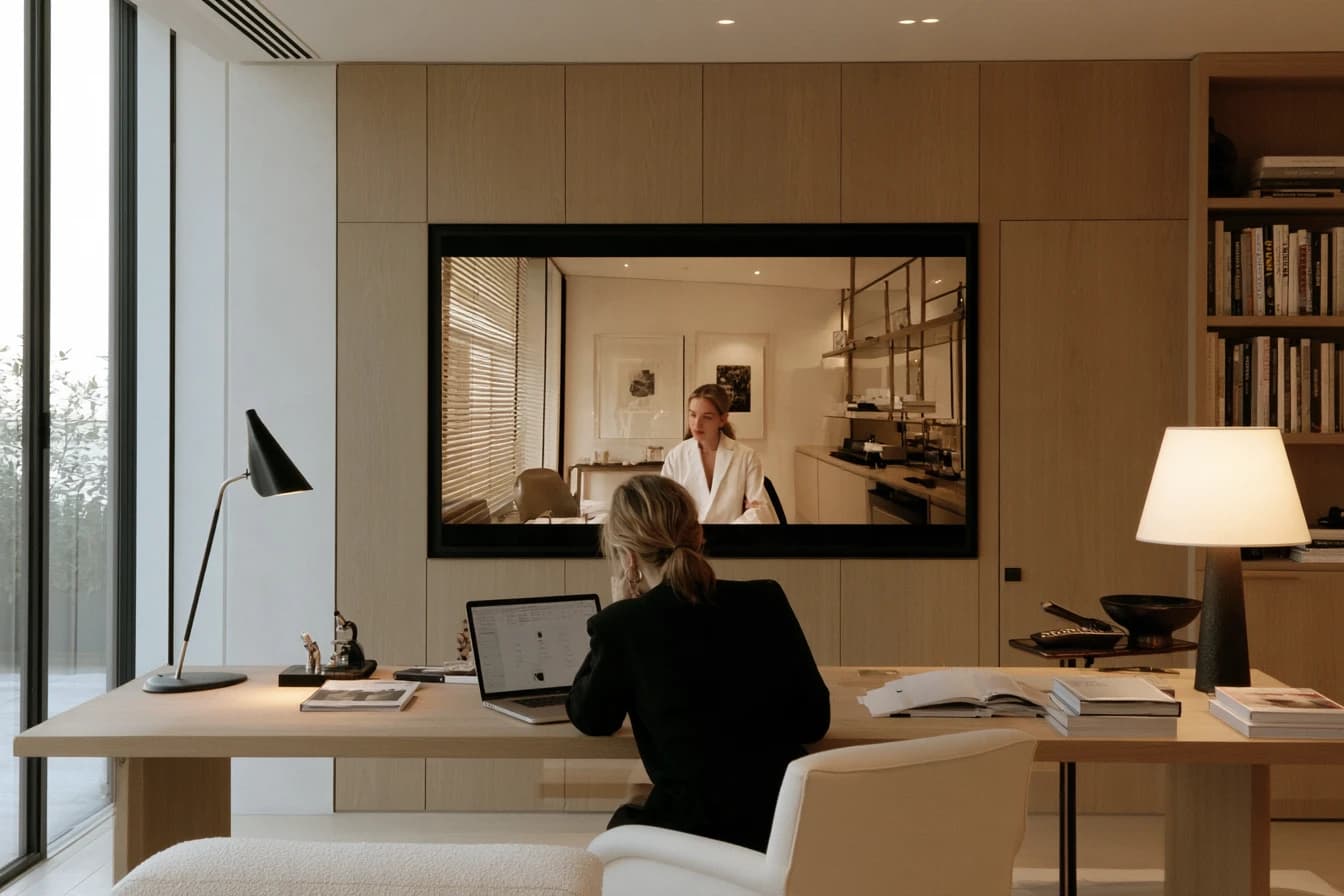 A woman at her desk on a video call with her physician