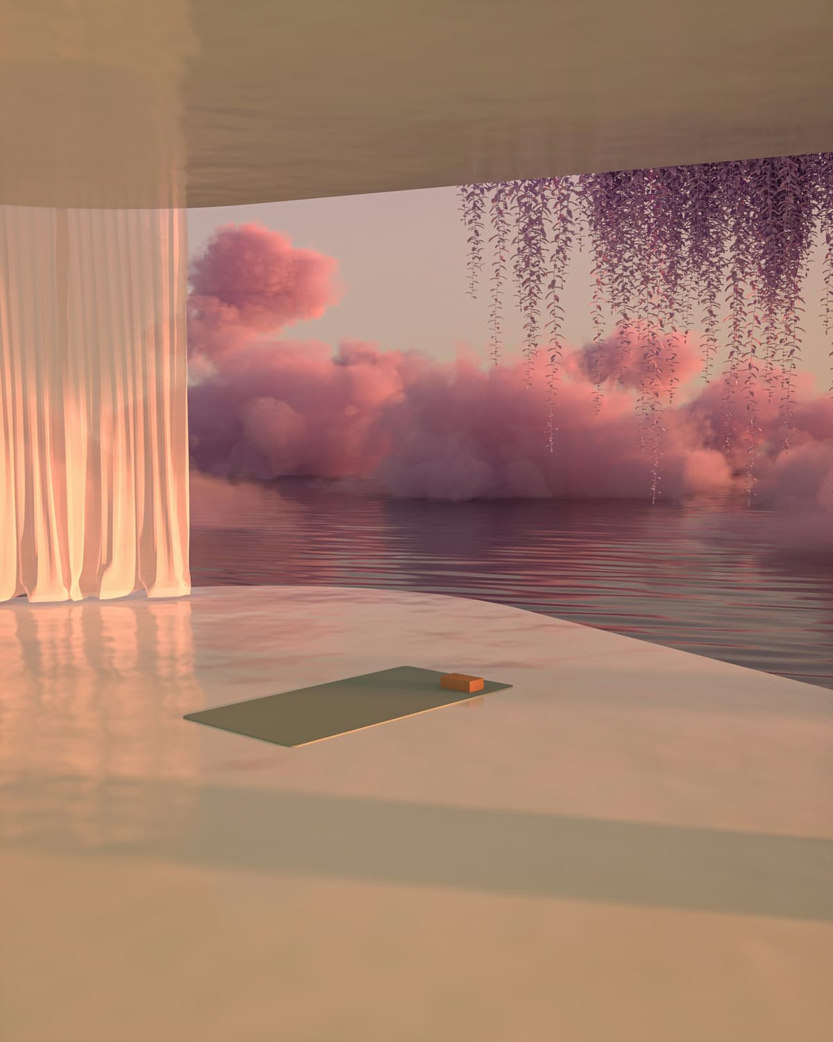 Serene meditation room at sunset