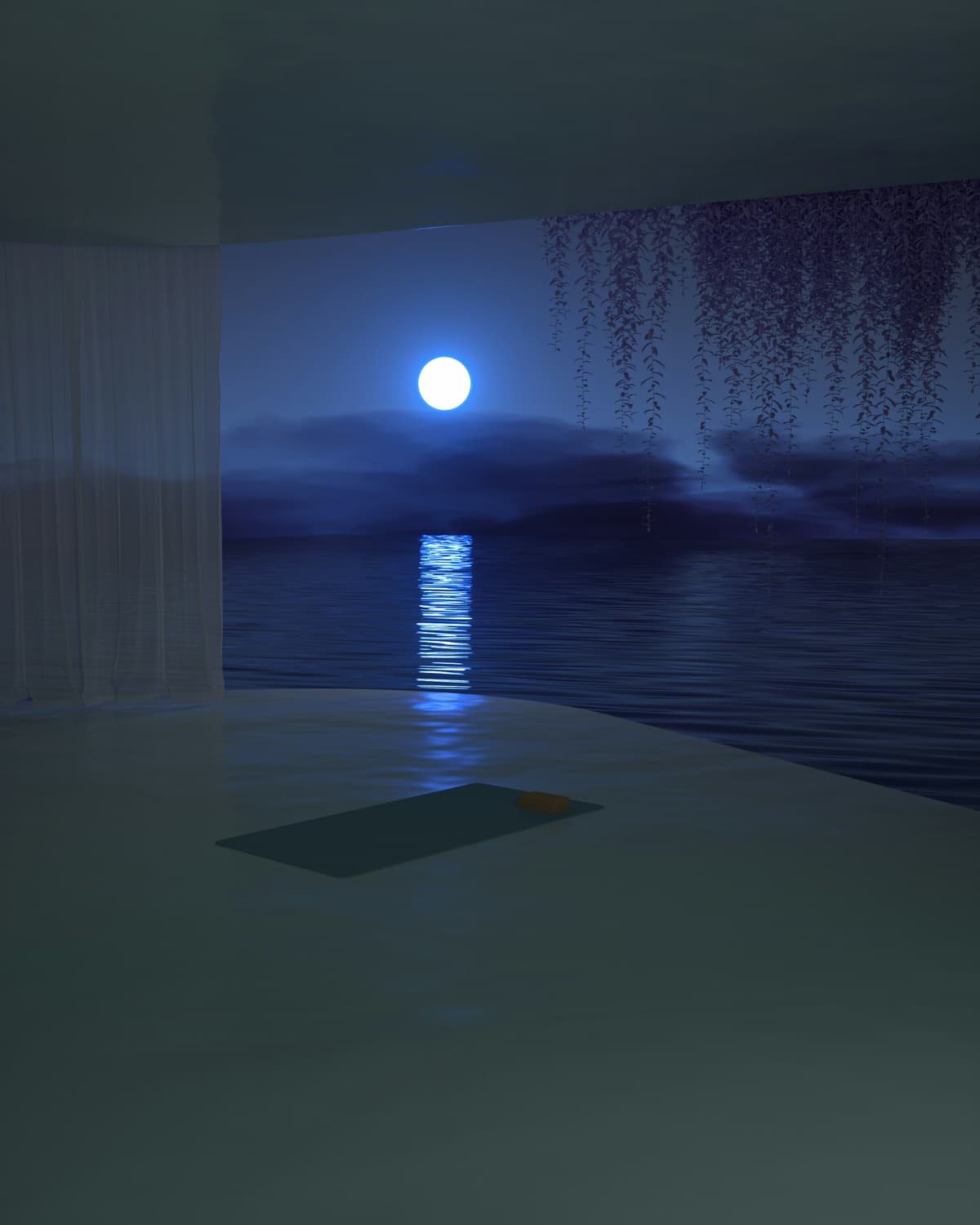 Moonlit meditation room at night