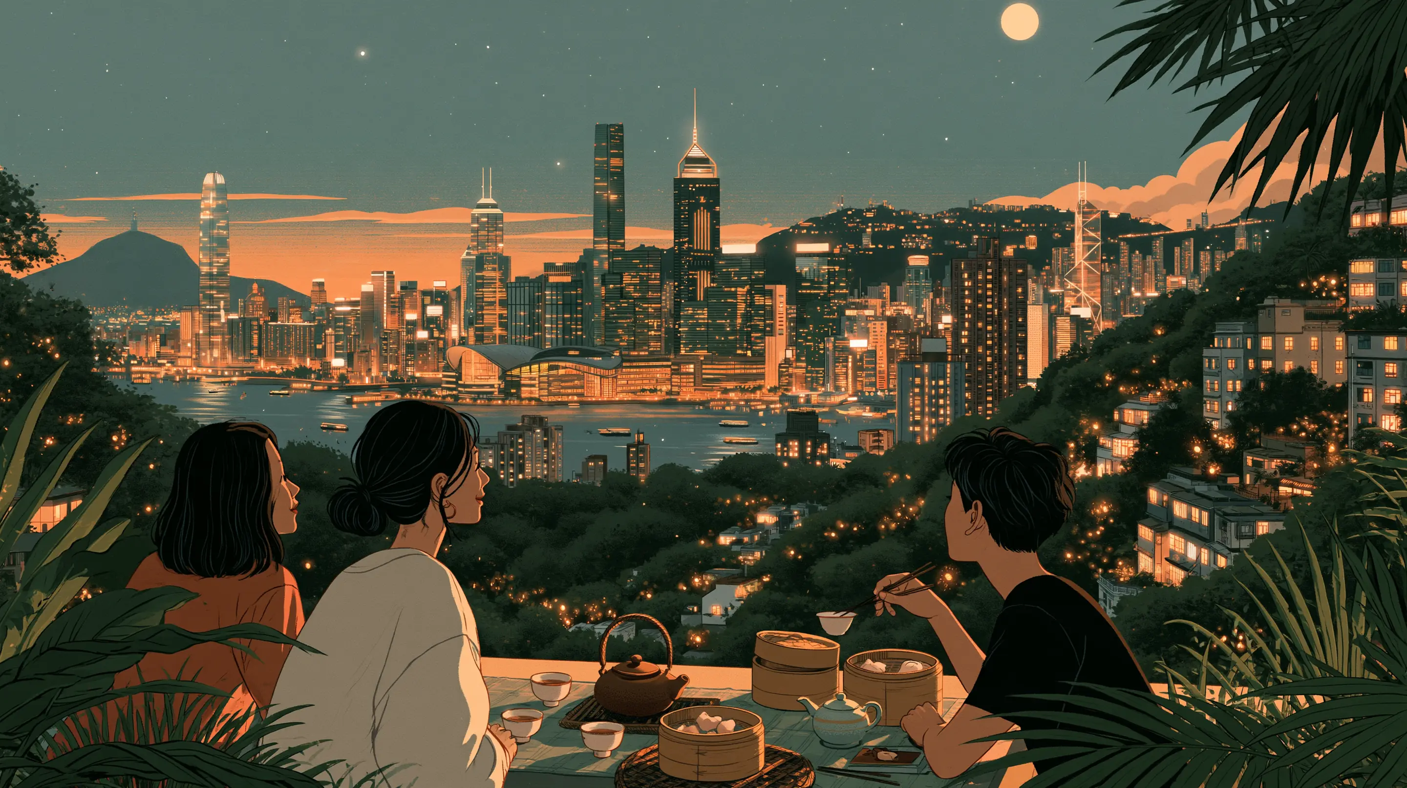 Three friends at a garden terrace in the Mid-Levels at dusk with Chinese tea and bamboo baskets of dim sum, the lit harbour and skyline below