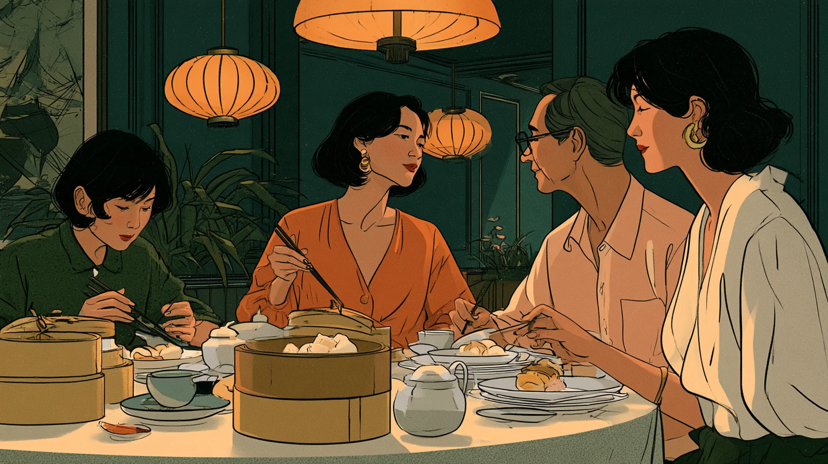 Three generations of an elegant Hong Kong family at a dim sum lunch in a grand old restaurant, bamboo baskets, tea, round table, warm light