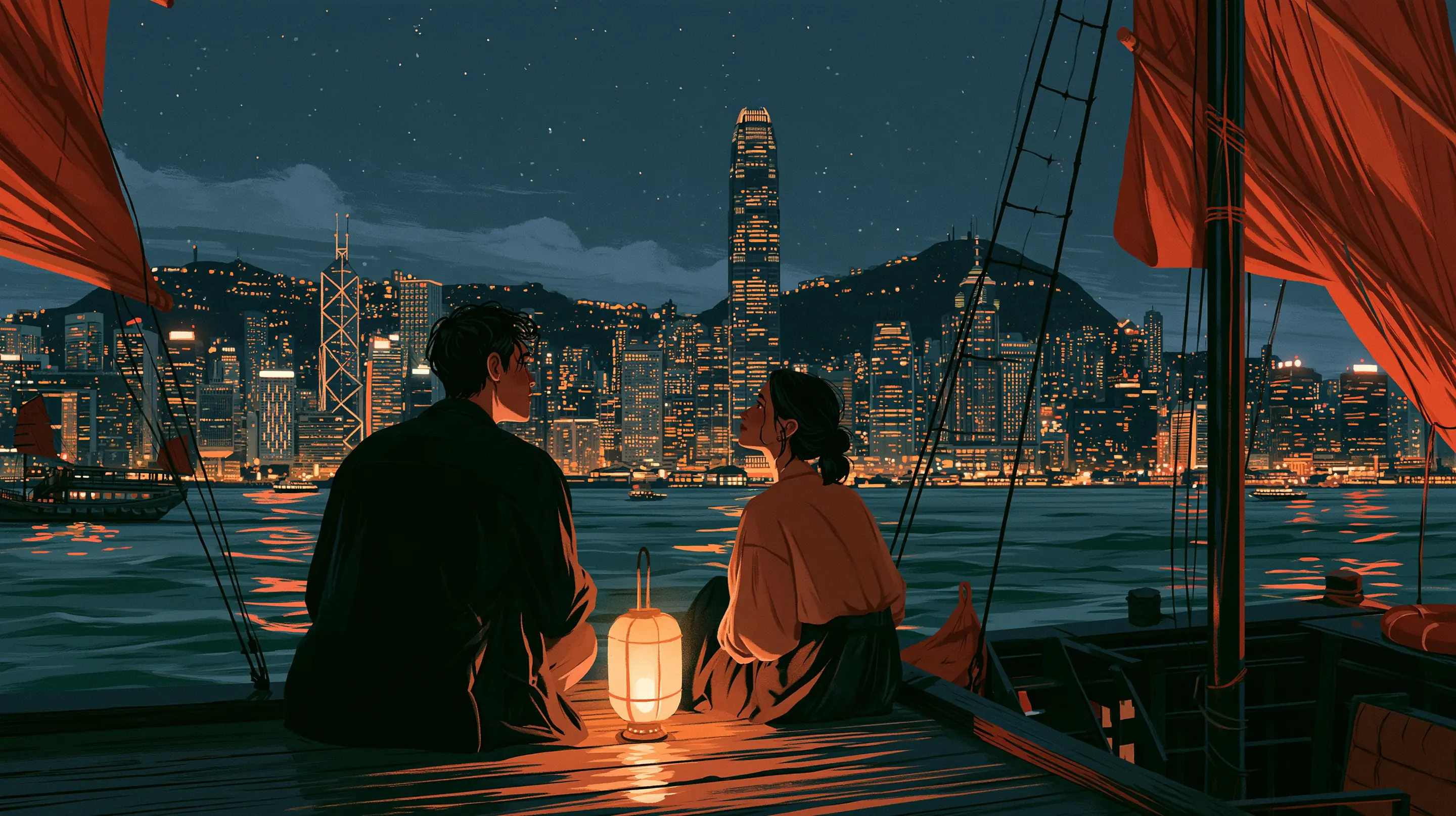 A couple seated apart on the deck of a junk under red sails at night, a paper lantern between them, the Hong Kong skyline across the harbour
