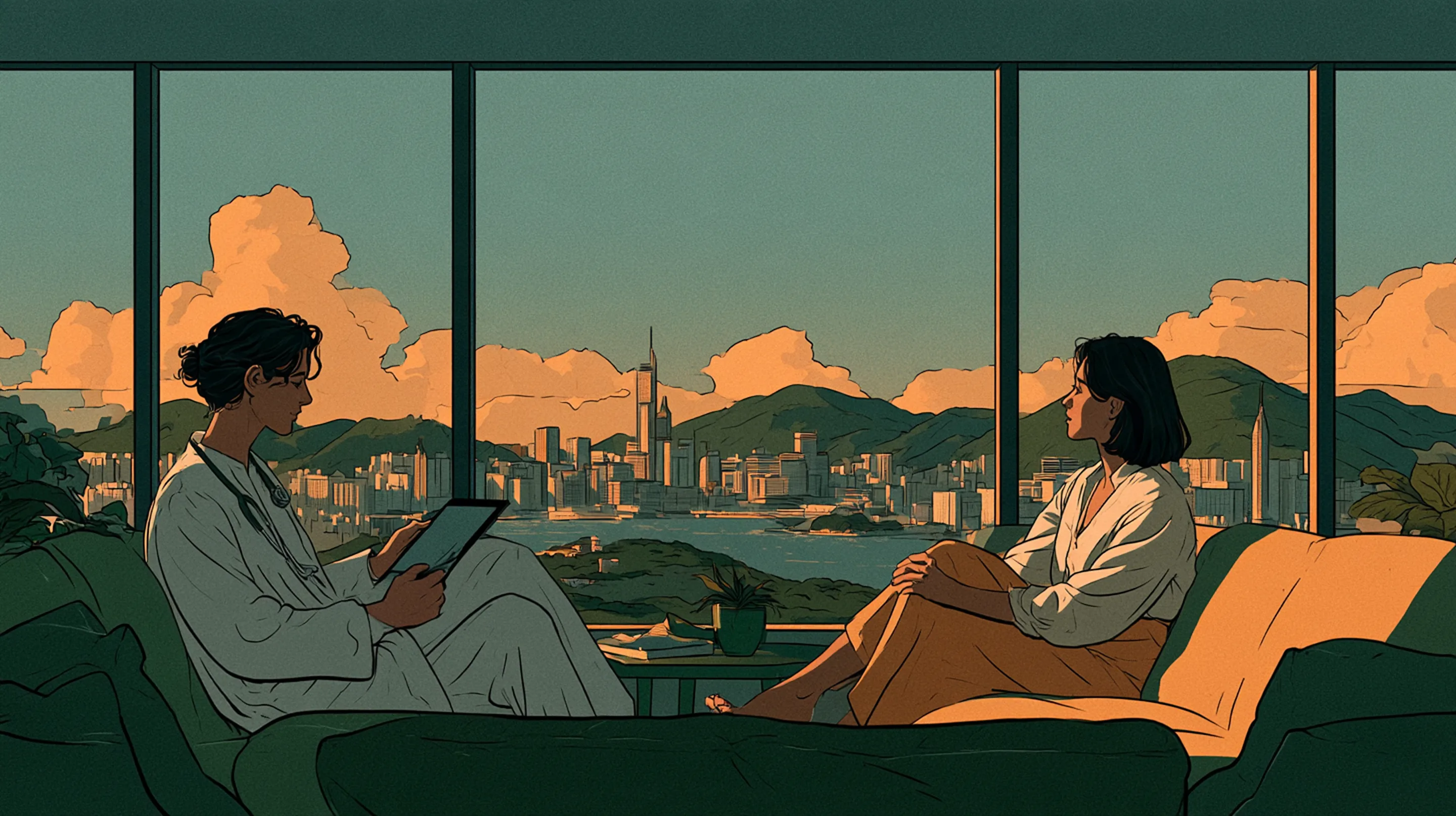 A doctor with a tablet consulting an elegant client in a high-rise room with floor to ceiling windows over Victoria Harbour