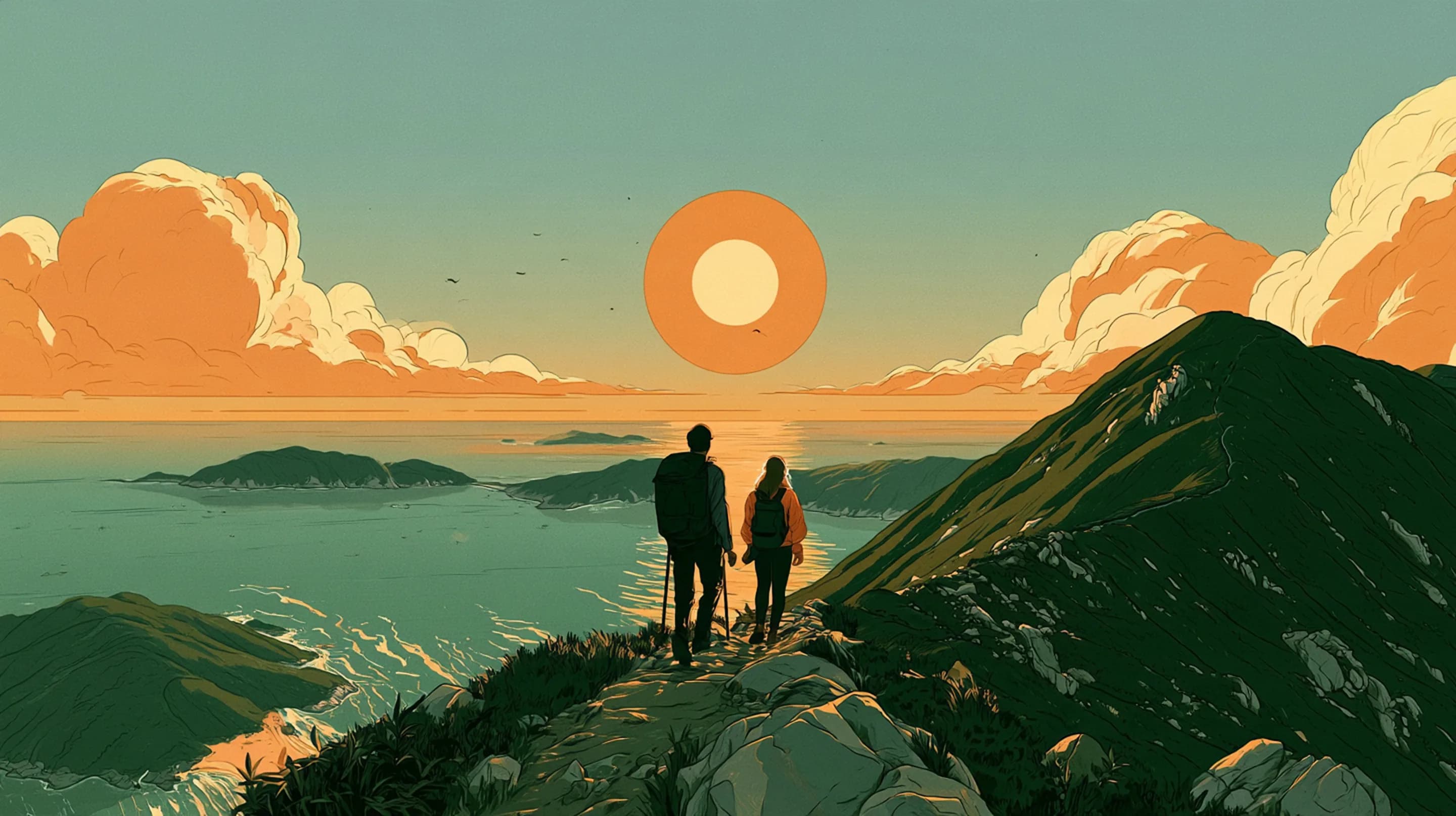 A man and a woman hiking the Dragons Back ridge trail in Hong Kong at sunrise