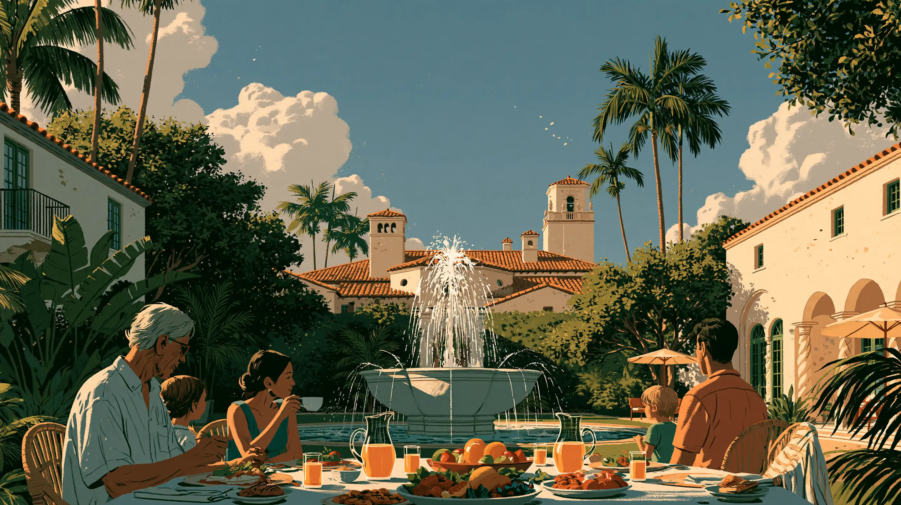 Three generations at brunch by a fountain in a Coral Gables courtyard, orange juice in glass jugs, fruit and pastries, palms and a bell tower beyond