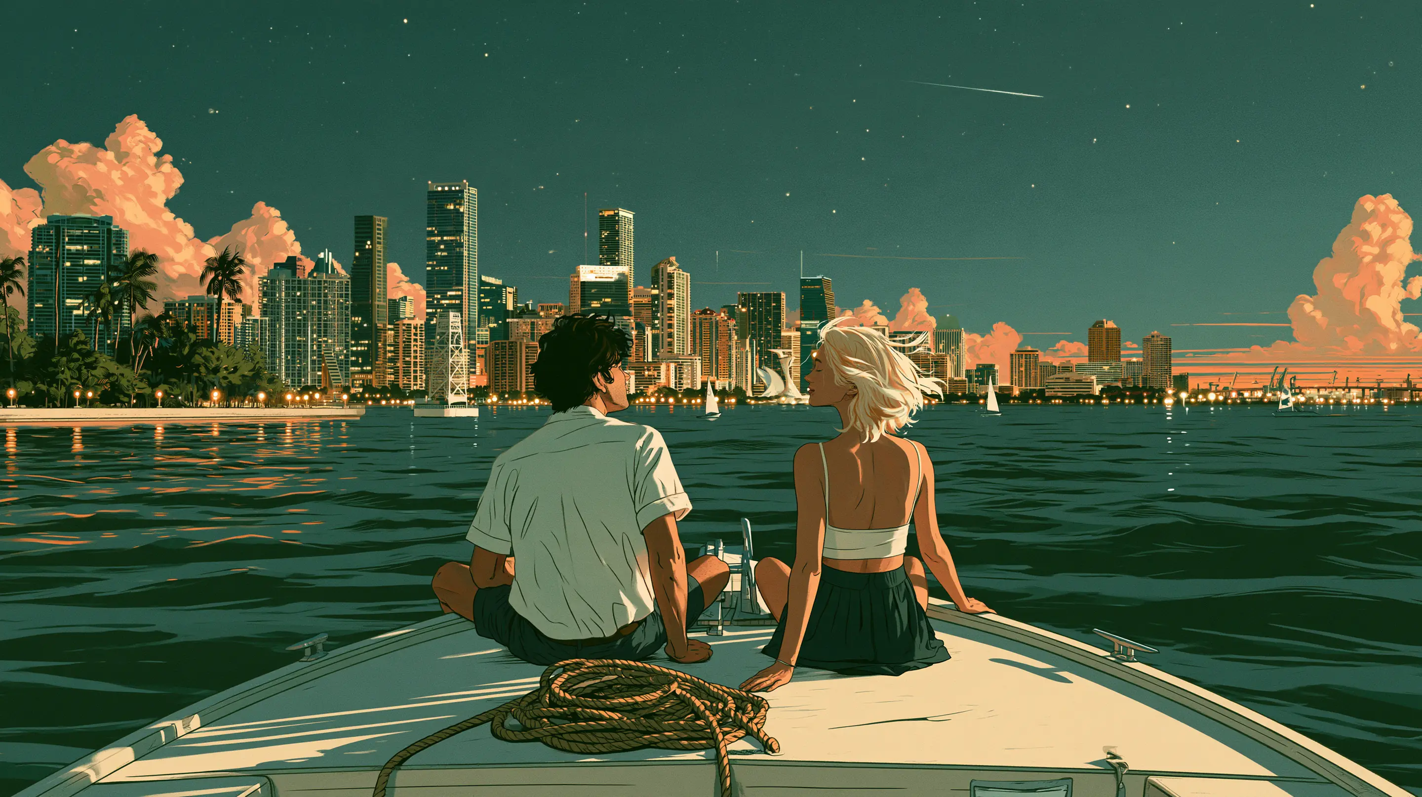 A couple seated on the bow of a small boat on Biscayne Bay at night, a coil of rope before them, the lit Brickell skyline across the water