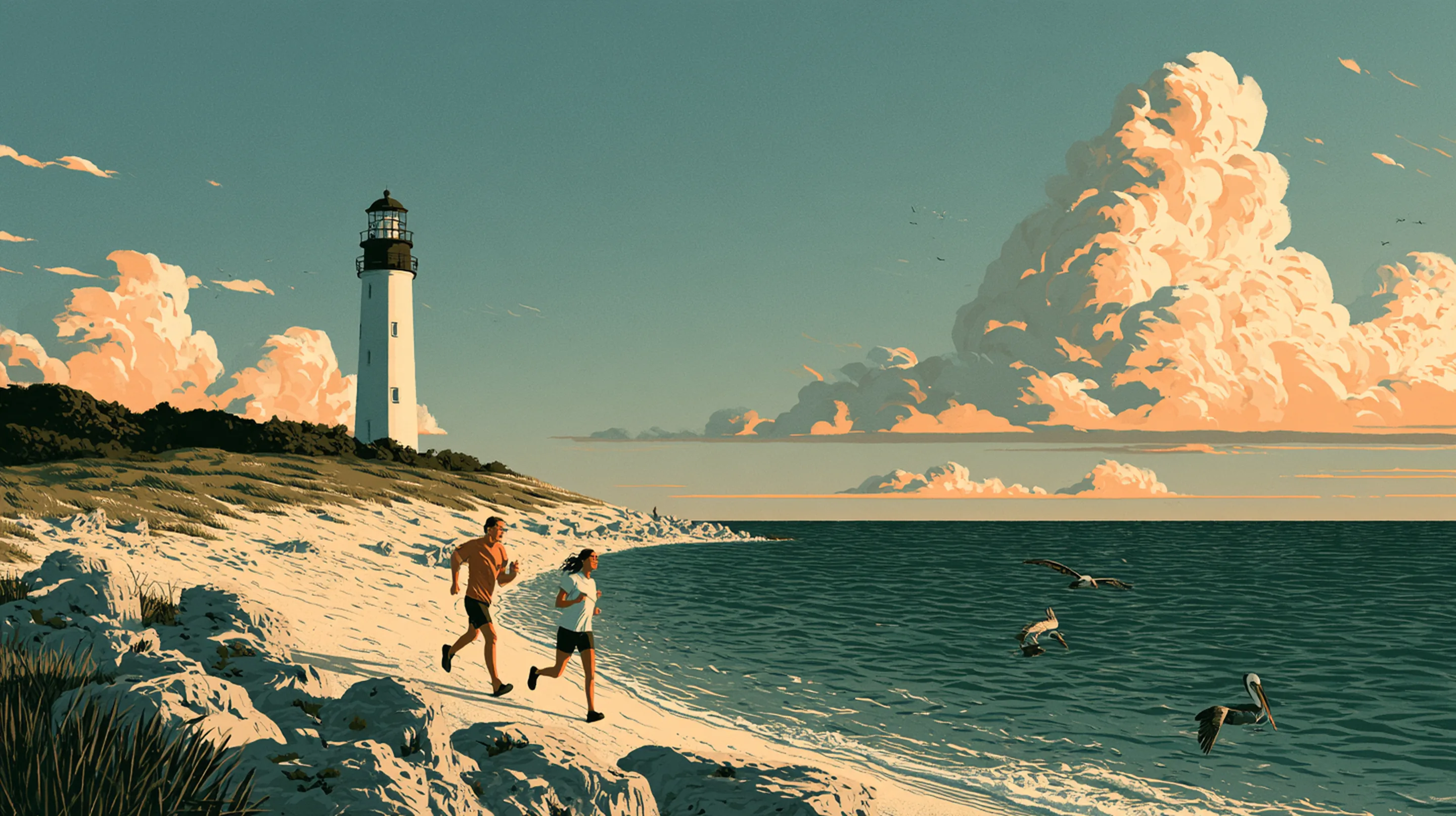 A man and a woman running along the shore at Key Biscayne on a clear morning, the lighthouse ahead
