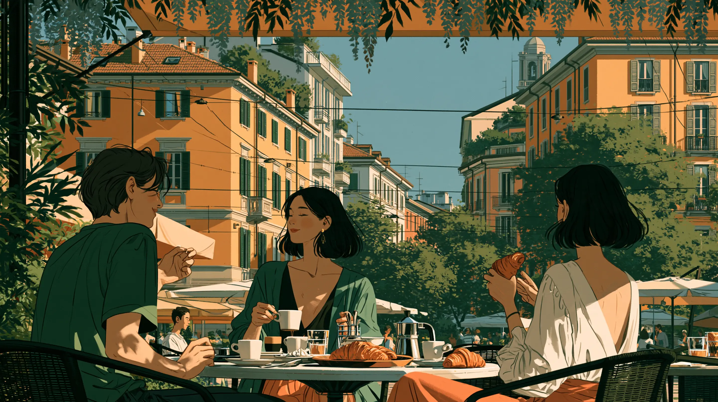 Three friends at a café terrace in Brera in the morning under wisteria, espresso cups and croissants, ochre palazzi with green shutters behind