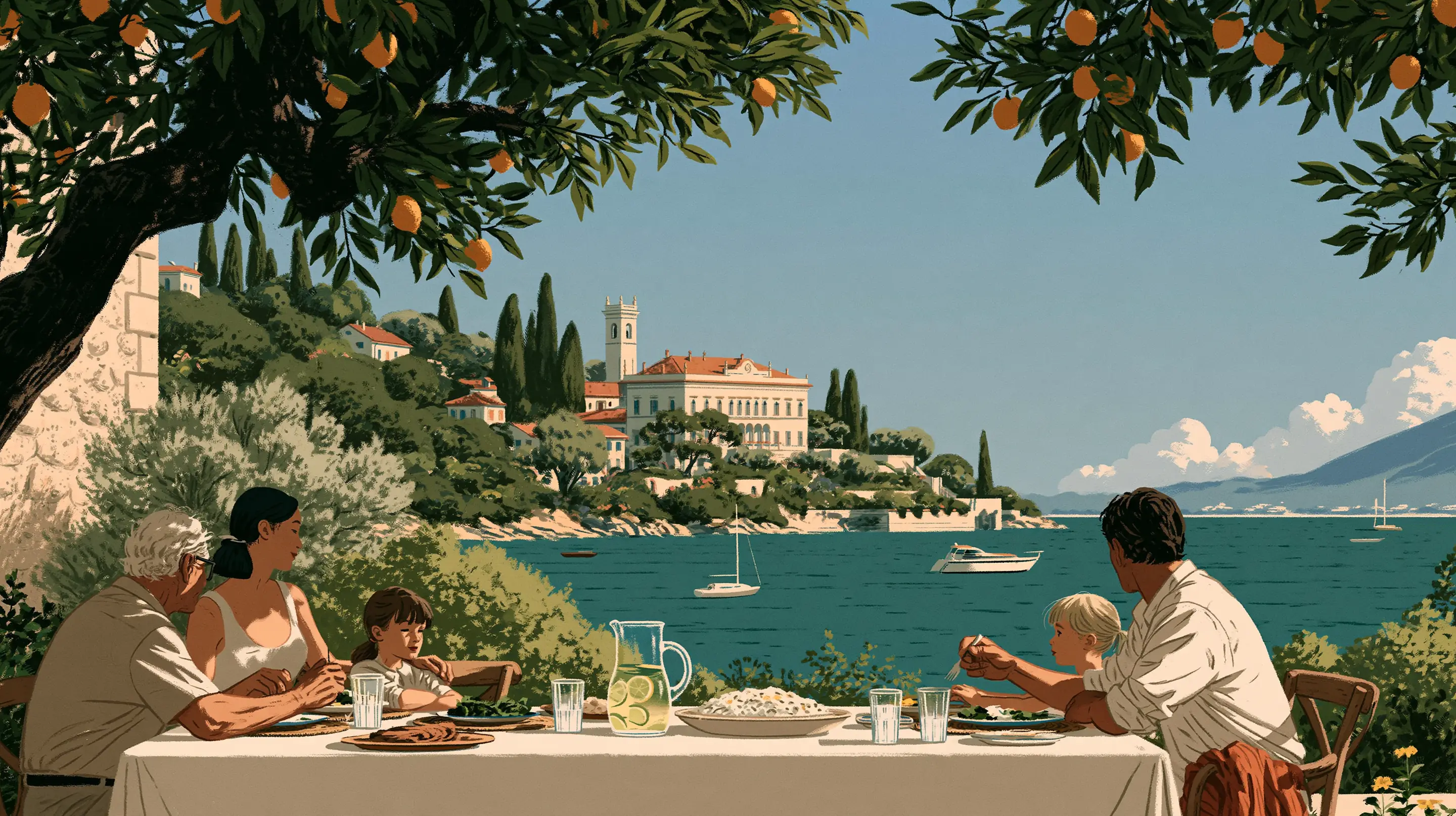 Three generations at lunch under lemon trees on a terrace above Lake Como, lemonade in a glass jug, a villa across the water
