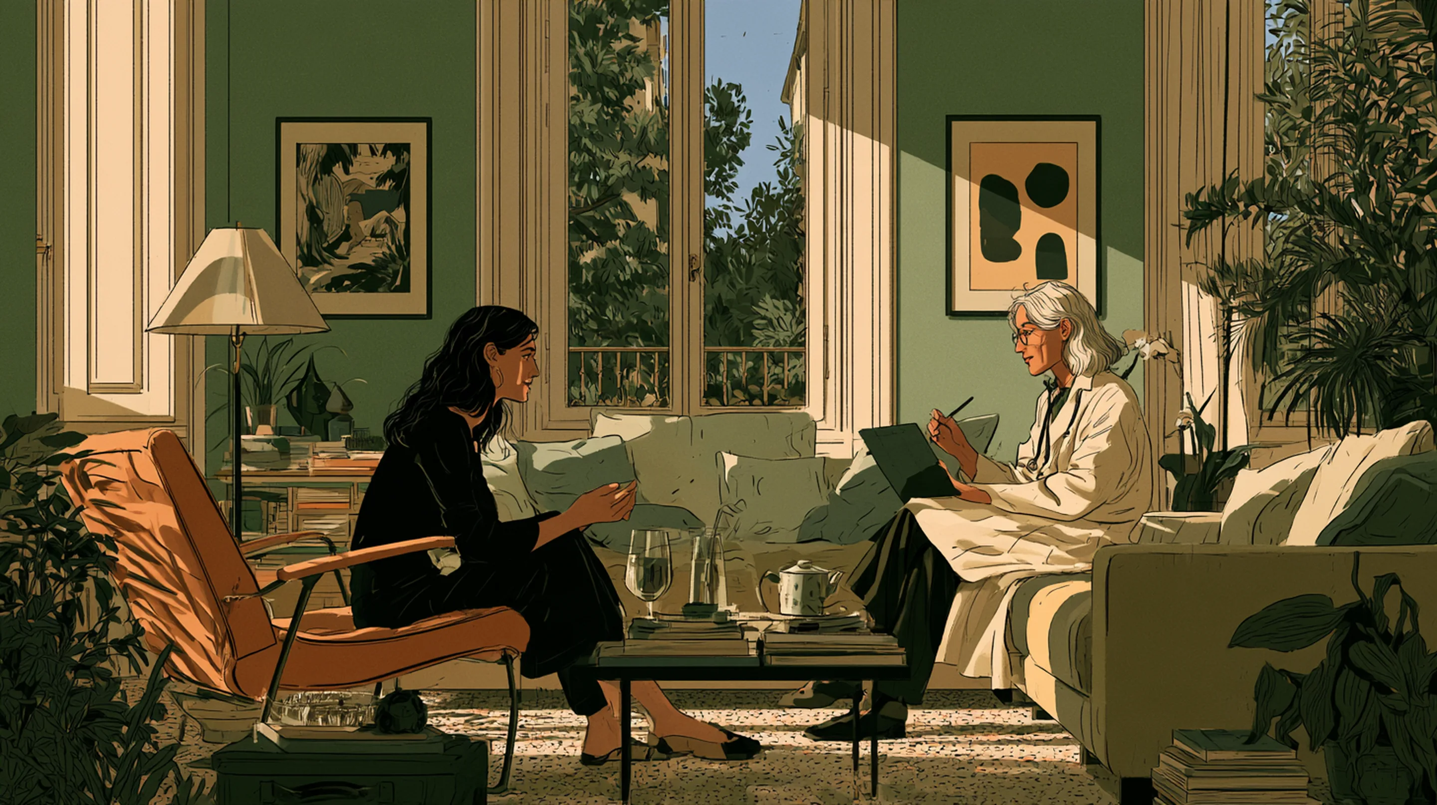 A doctor with a tablet consulting an elegant client in an elegant Milan apartment, mid century Italian furniture, terrazzo floor, tall windows, morning light