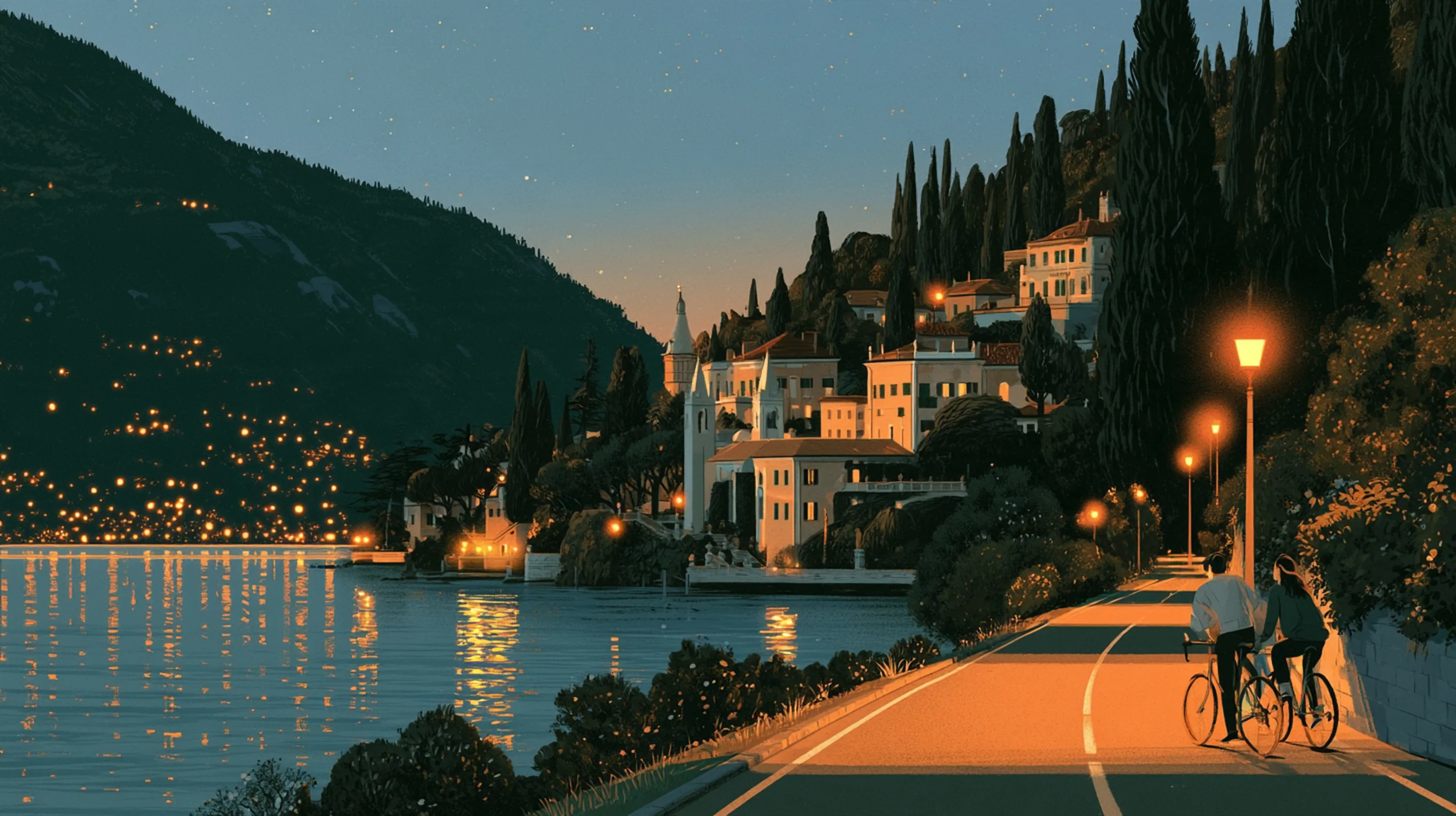 A man and a woman cycling along the shore road of Lake Como at sunrise, old villas, cypress trees, the lake shining