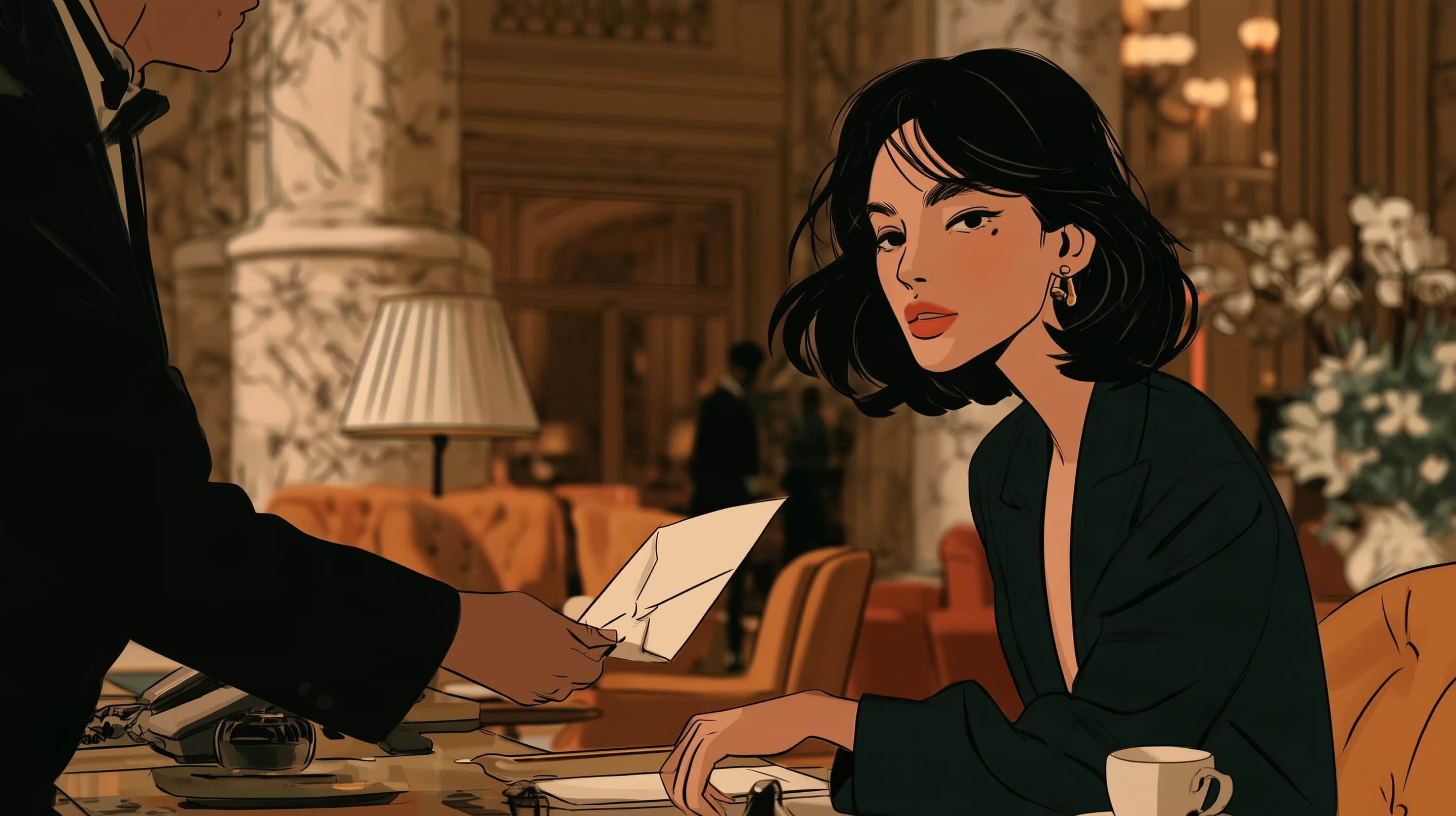 A hotel concierge handing an envelope across a desk to a smiling elegant guest in a grand hotel lobby in Milan, marble, velvet chairs, fresh flowers