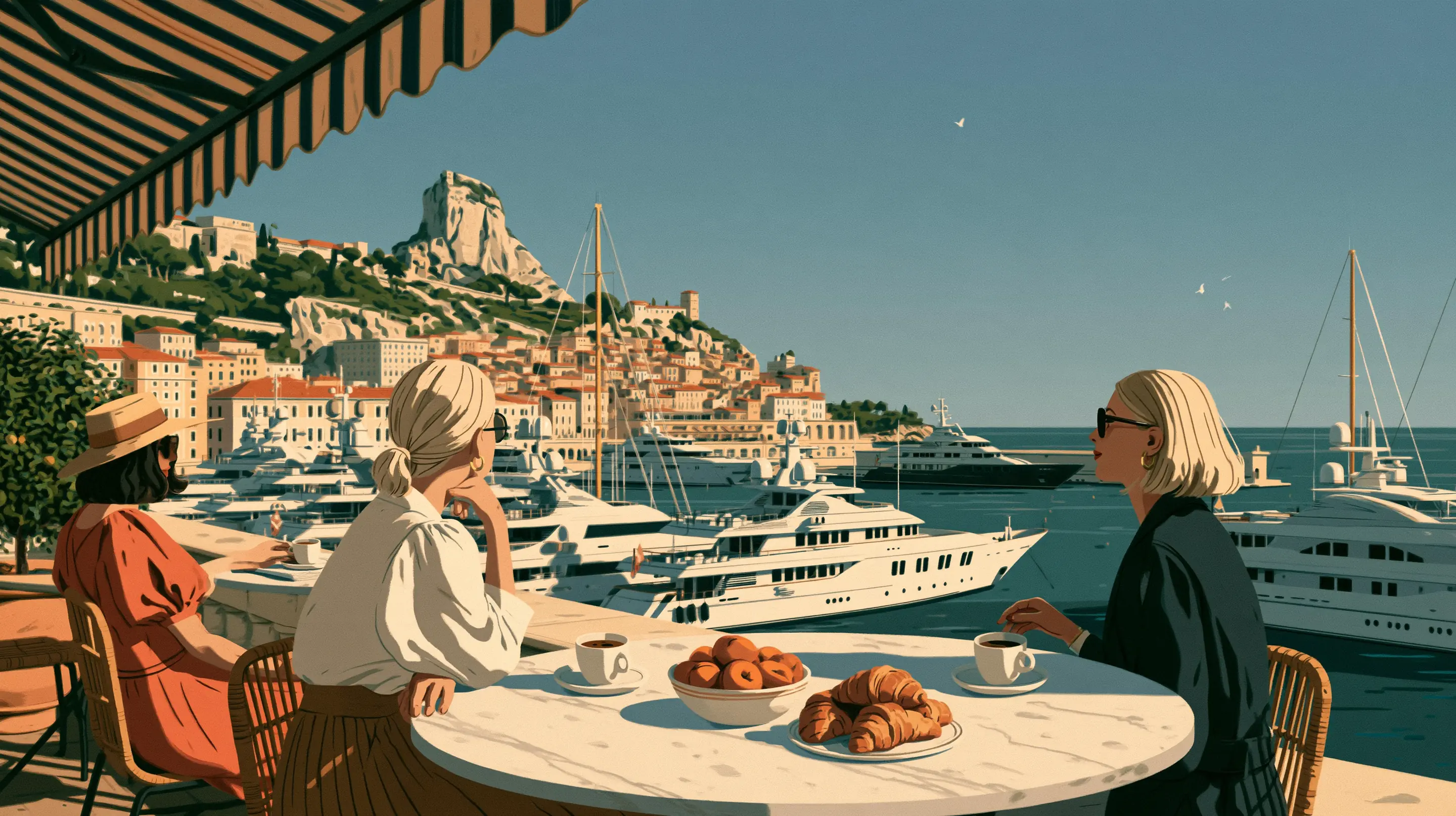 Three friends at a marble table under a striped awning above the Monaco harbour, coffee, apricots and croissants, superyachts and the Rock beyond
