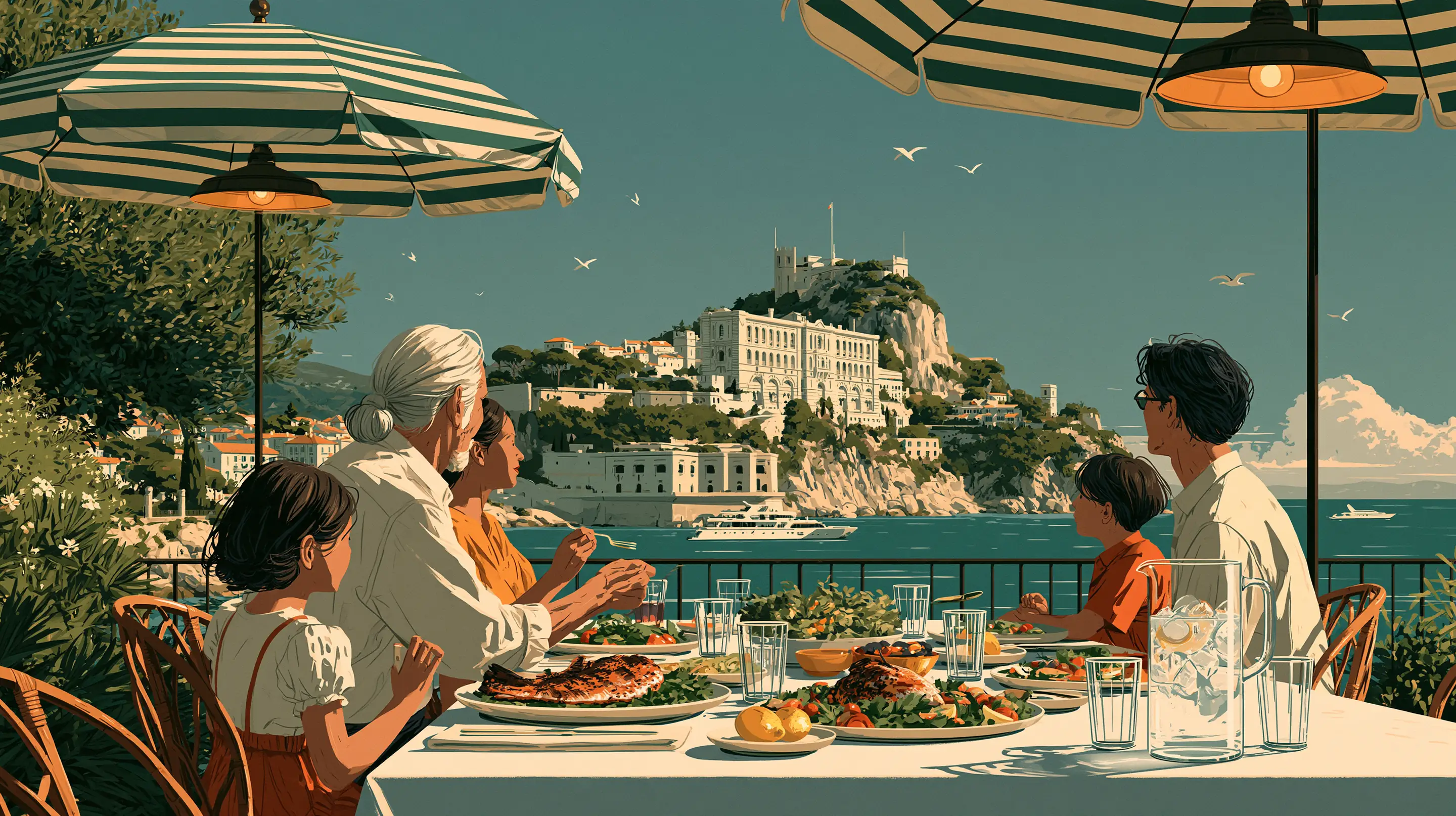 Three generations at lunch under striped parasols on a Riviera terrace, grilled fish, salads and a jug of iced water, the sea and the Rock beyond