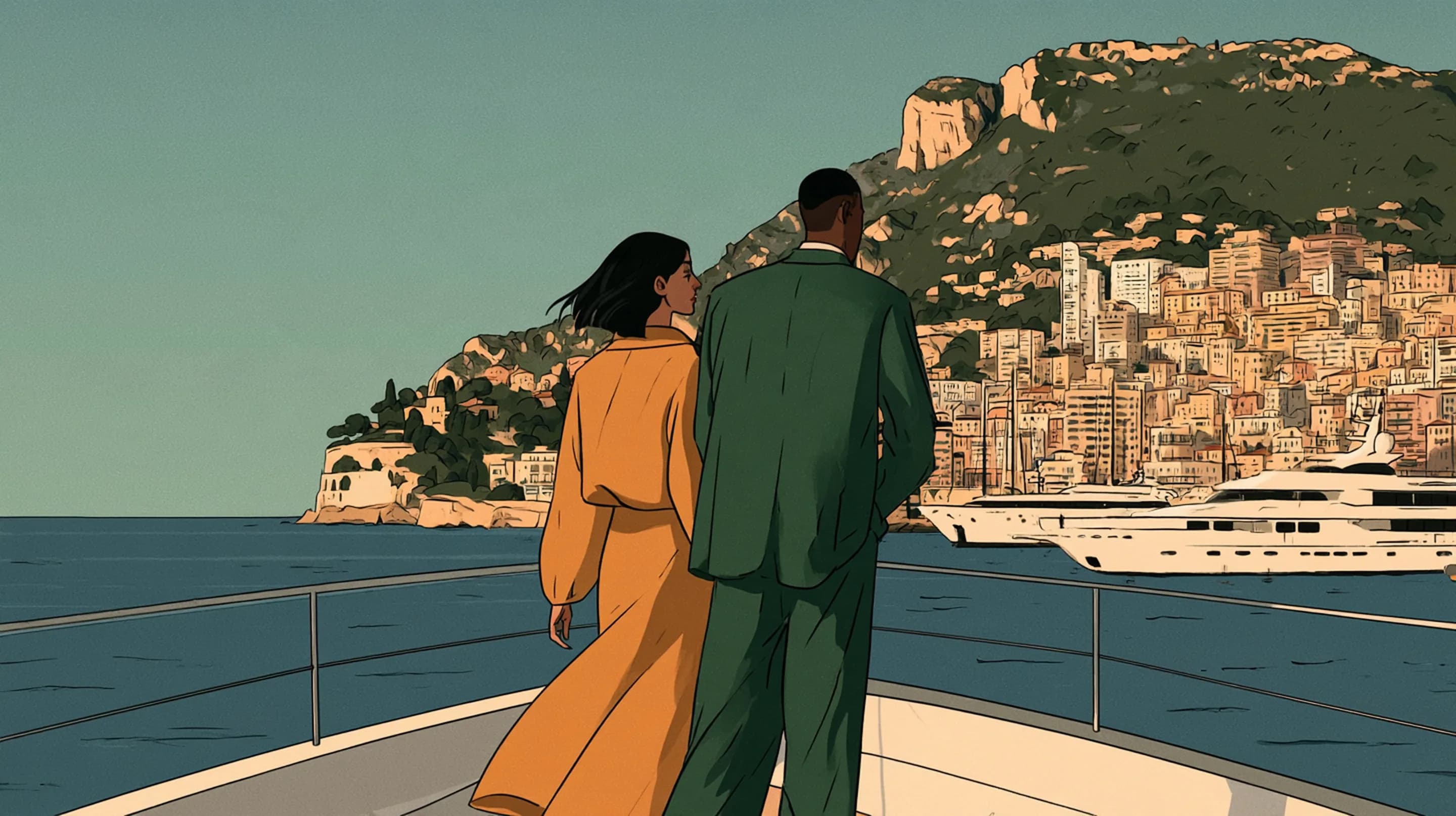An elegant couple on the deck of a yacht in the harbour of Monaco at golden hour