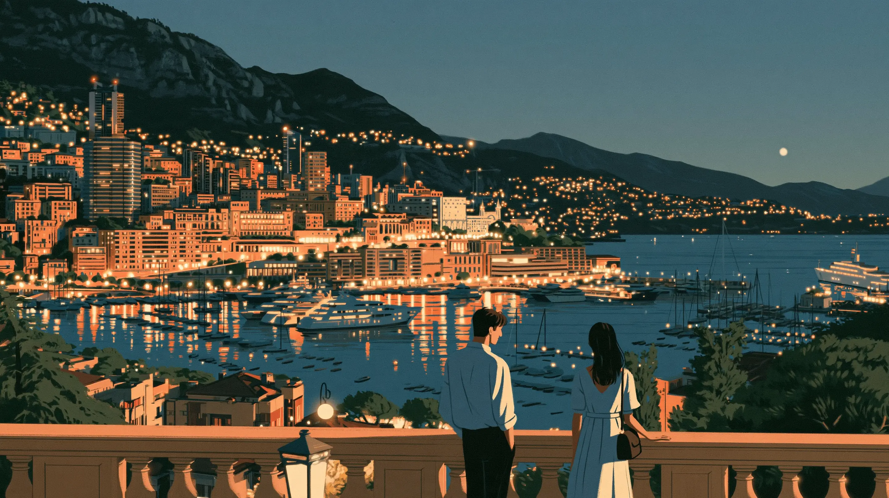 A couple standing apart at a balustrade above Port Hercule at night, the harbour full of lit yachts and Monte-Carlo glowing on the hillside