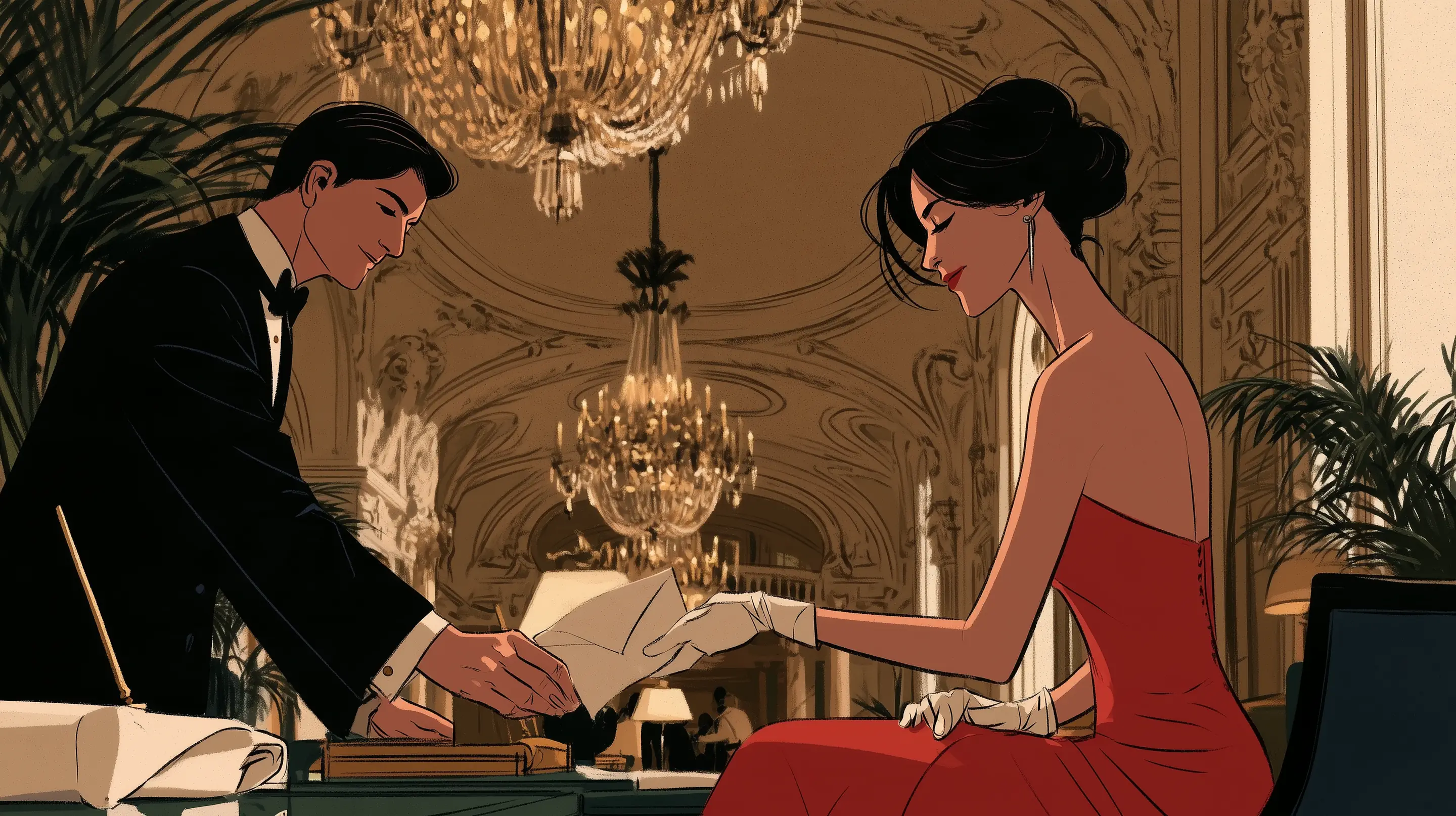 A hotel concierge handing an envelope across a desk to a smiling elegant guest in a grand Belle Epoque hotel lobby in Monaco, chandeliers, palms