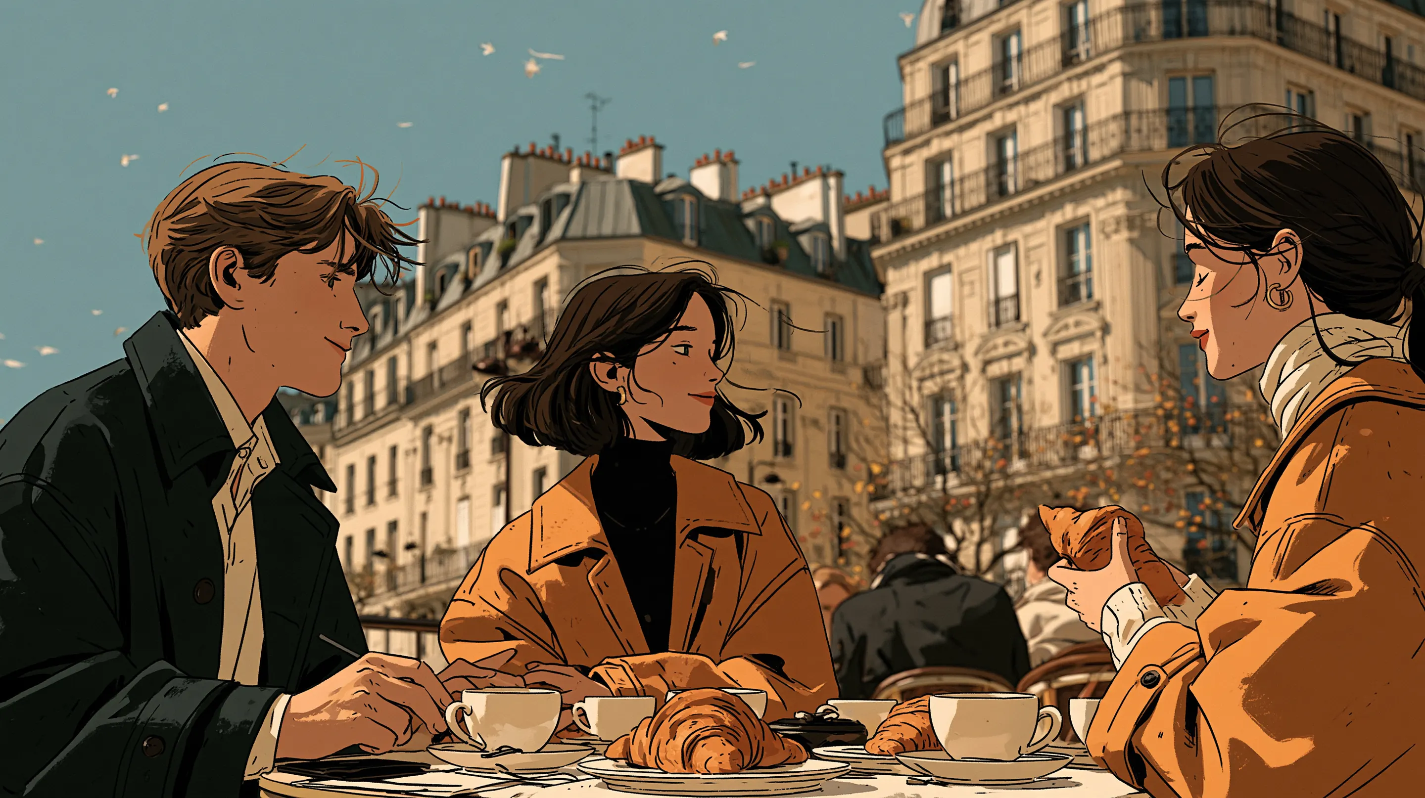 Three friends at a café terrace in Paris in autumn with coffee and croissants, Haussmann buildings behind them
