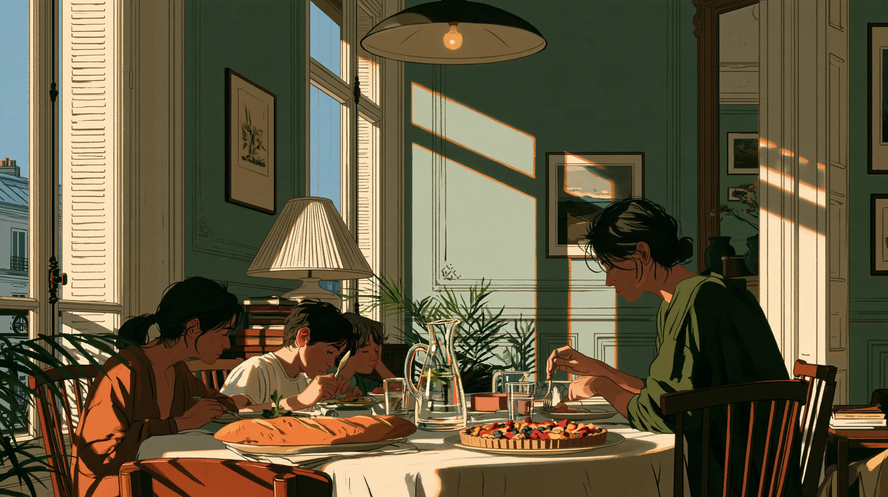 A family at lunch in a Paris apartment, tall windows and sunlight on green walls, a tart, bread and a carafe of water on the table