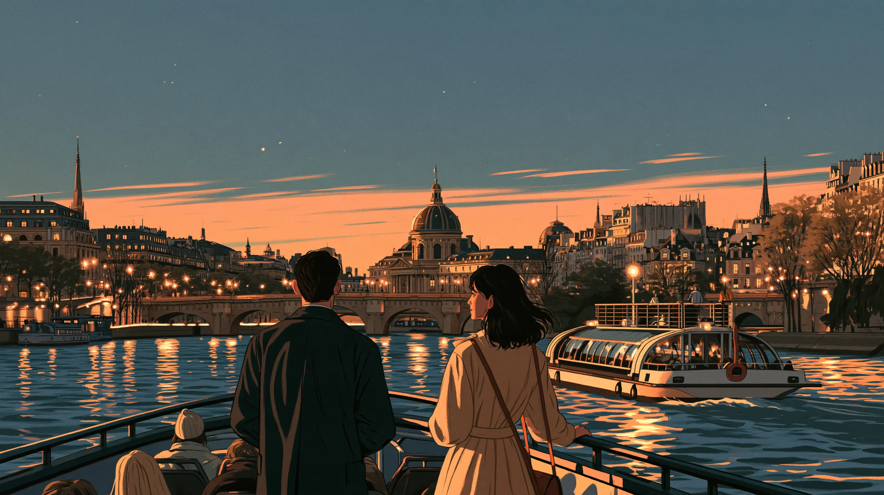 A couple standing apart at the rail of a boat on the Seine at dusk, the Pont Neuf, a dome and the lit Left Bank ahead