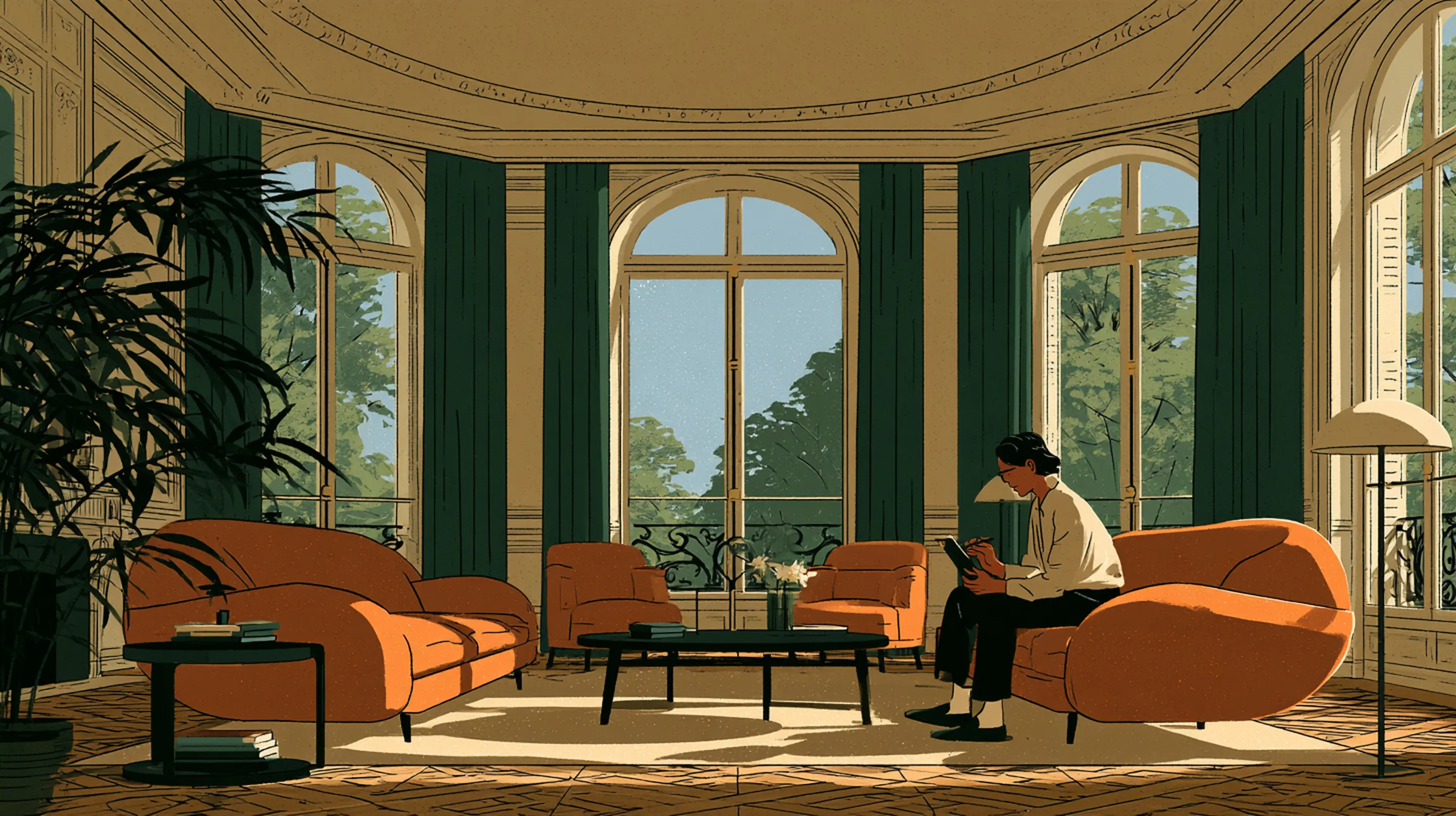 A doctor with a tablet consulting an elegant client in a Paris salon with parquet floors