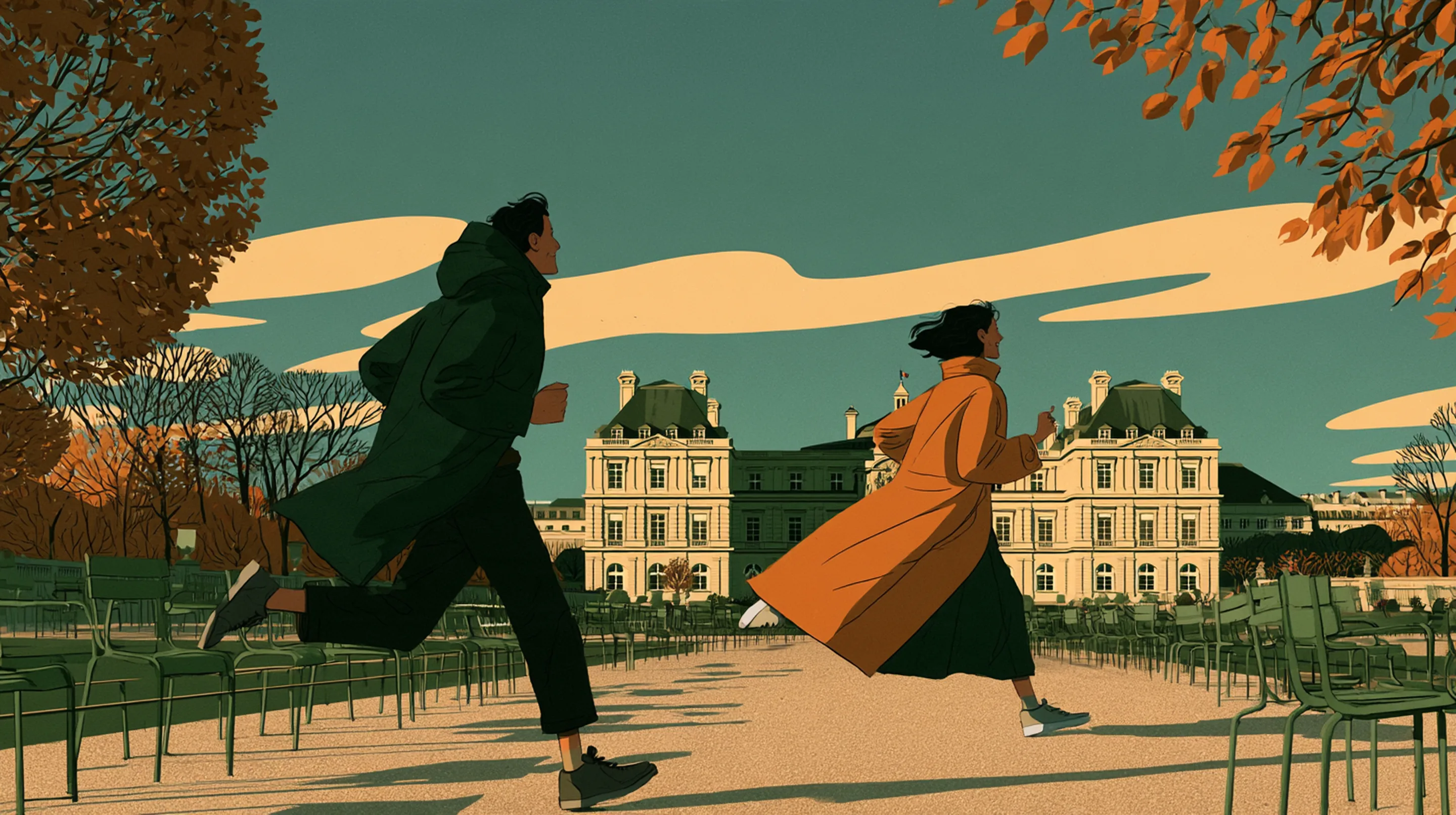 A man and a woman running through the Jardin du Luxembourg in Paris at sunrise