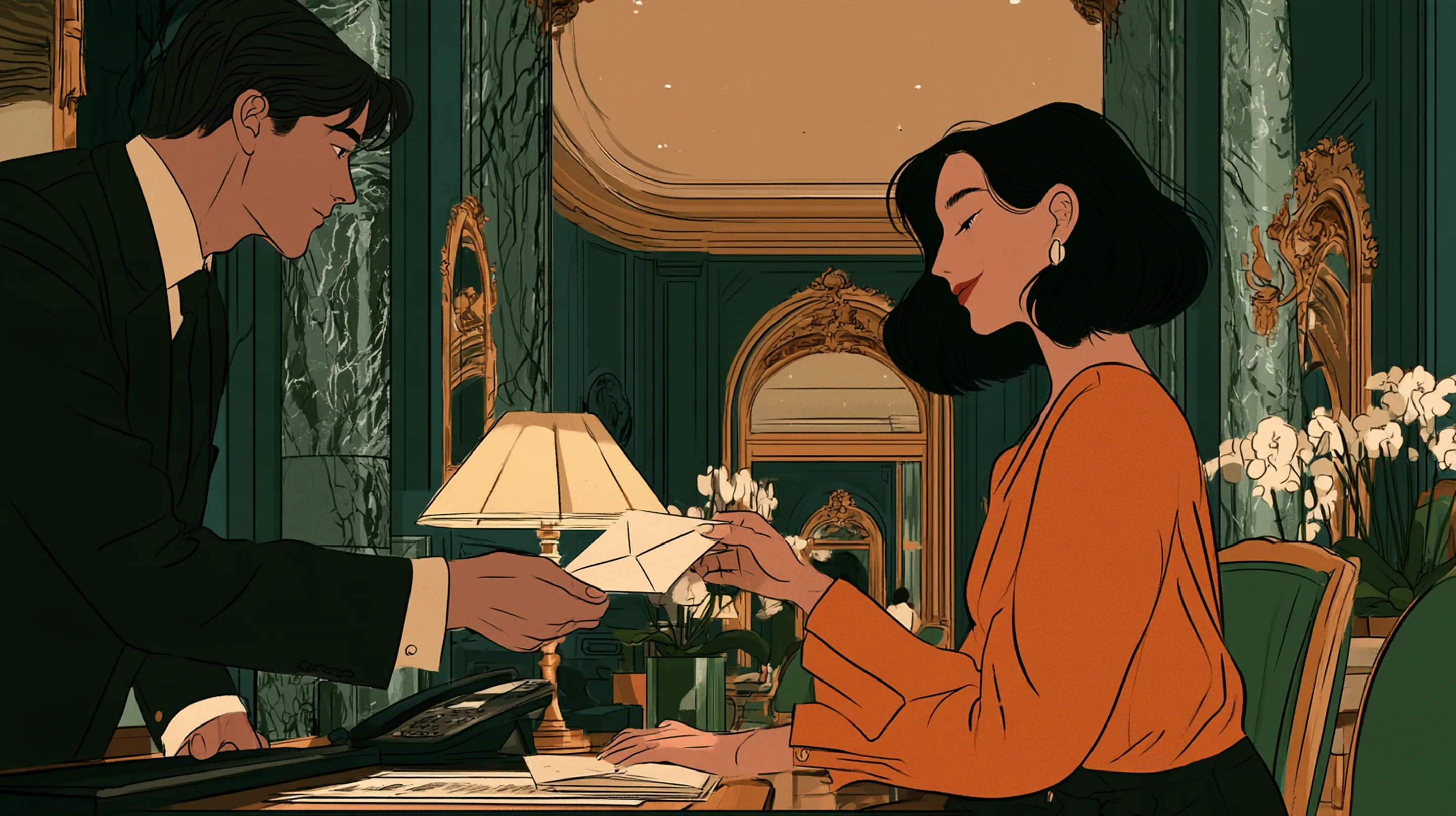 A hotel concierge handing an envelope across a desk to a smiling elegant guest in a grand Paris hotel lobby