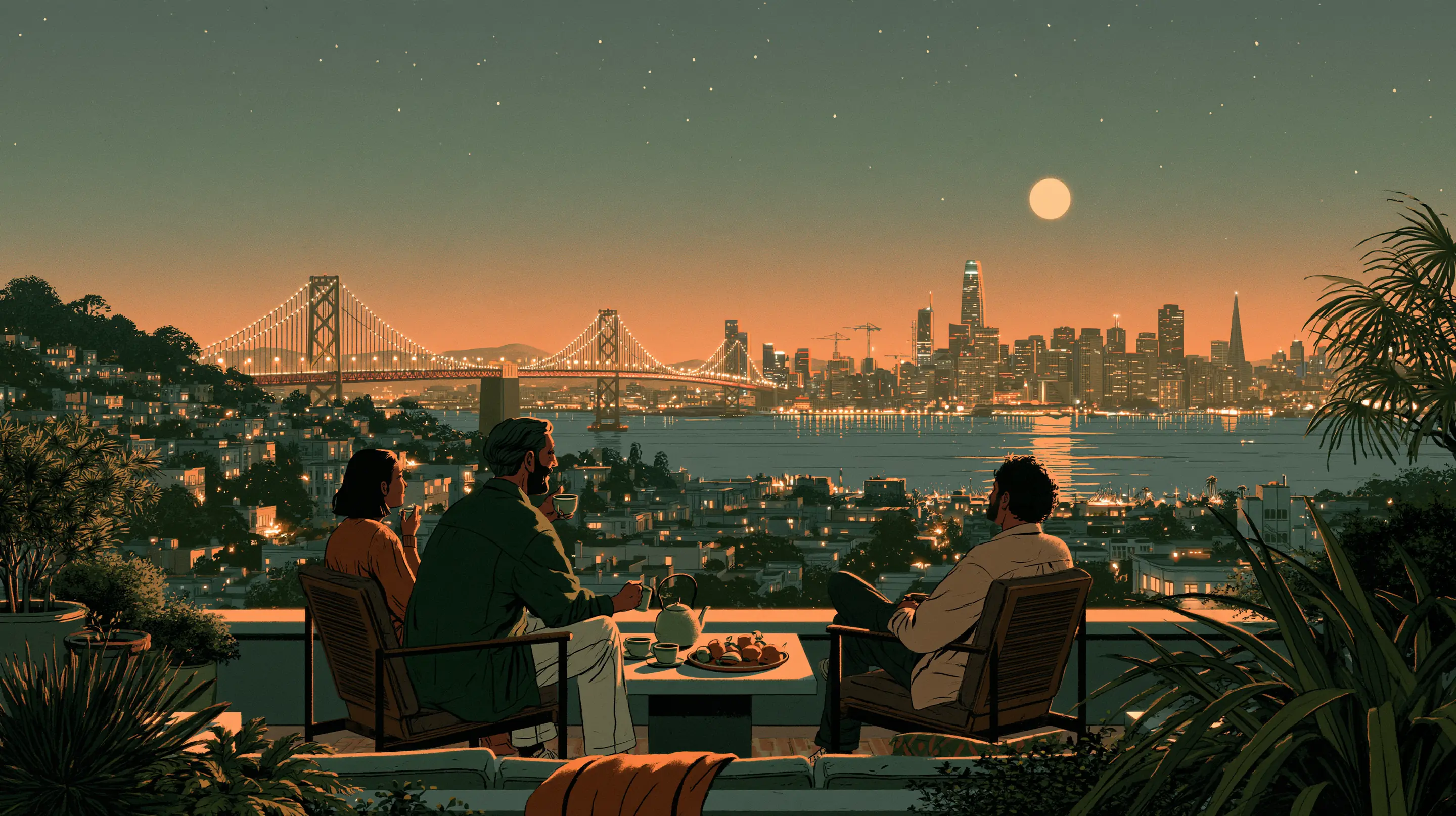 Three friends in chairs around a low table on a Pacific Heights roof terrace at dusk with tea and fruit, the lit Bay Bridge and the city beyond