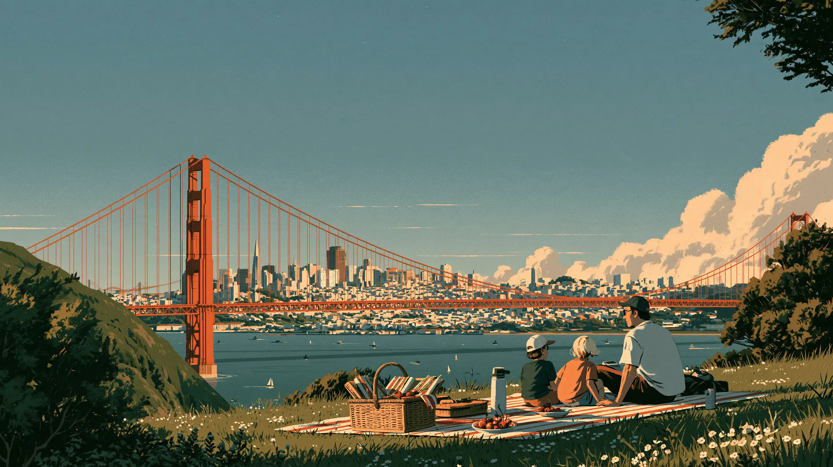 A father and two children picnicking on a hillside above the Golden Gate Bridge, a wicker basket on a striped blanket, the city beyond