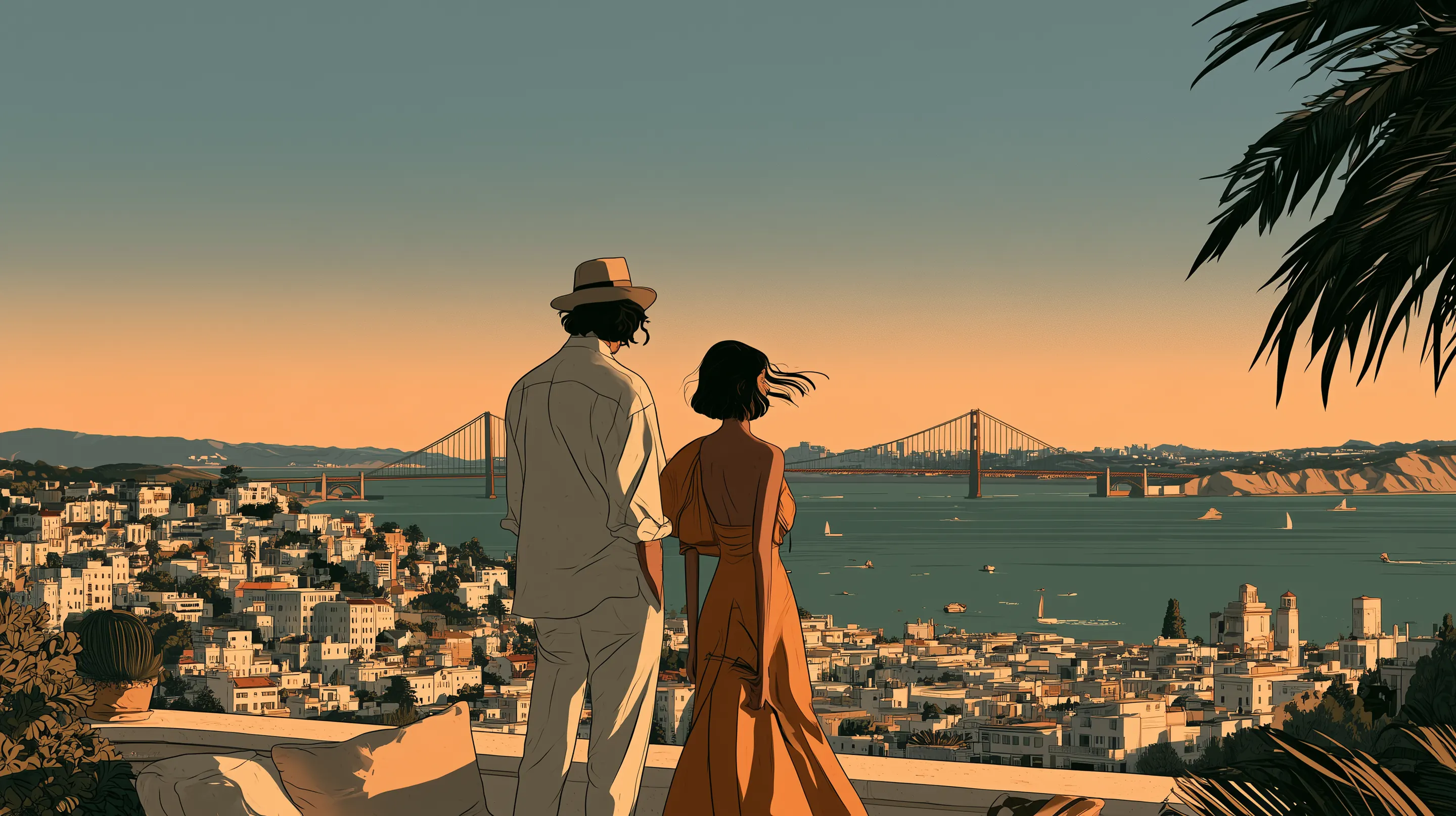 An elegant couple standing side by side on a terrace in Pacific Heights at golden hour, looking out at the Golden Gate Bridge across the bay