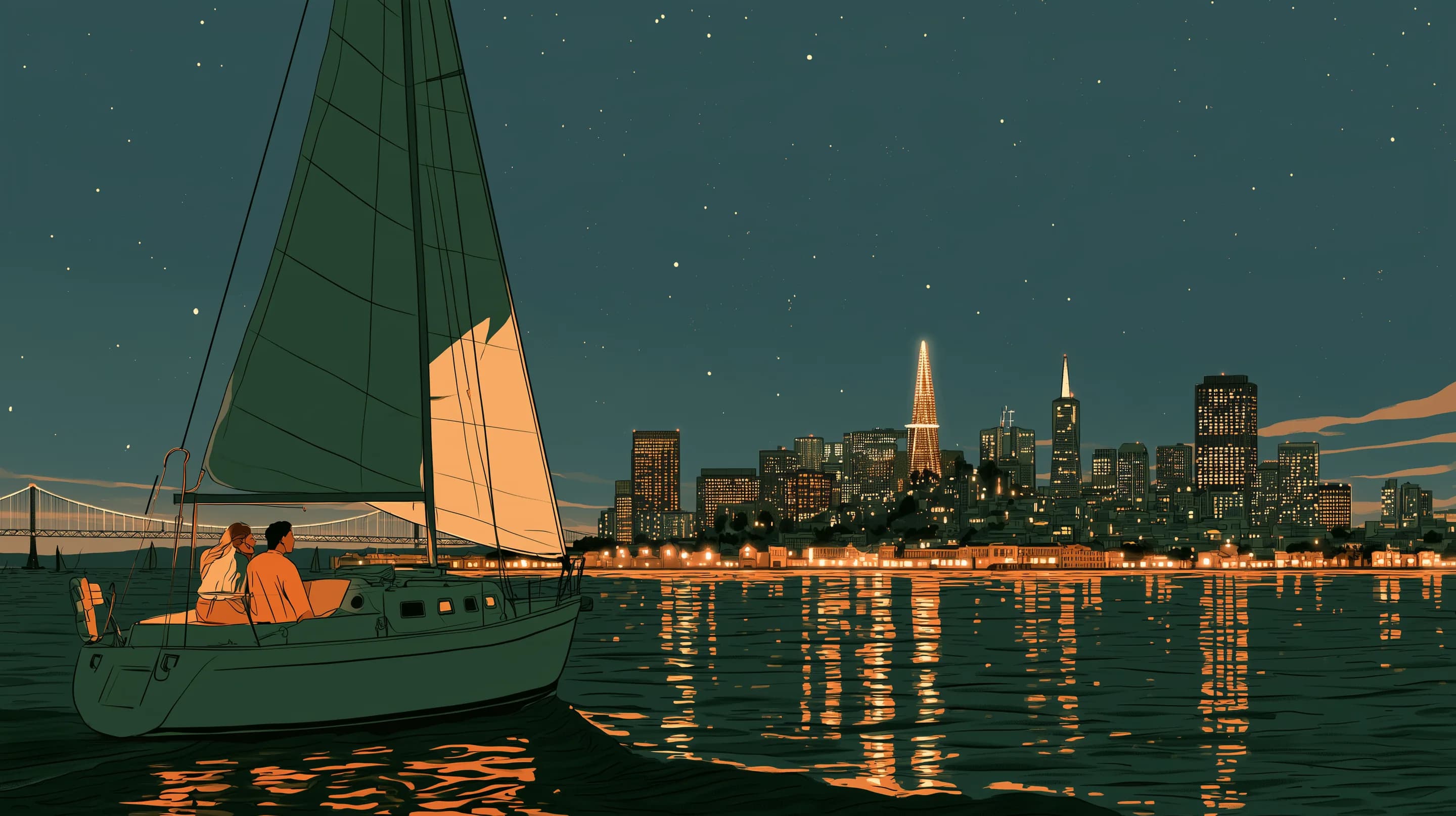 An elegant couple on a sailboat on San Francisco Bay at night, the city skyline lit, reflections on the water