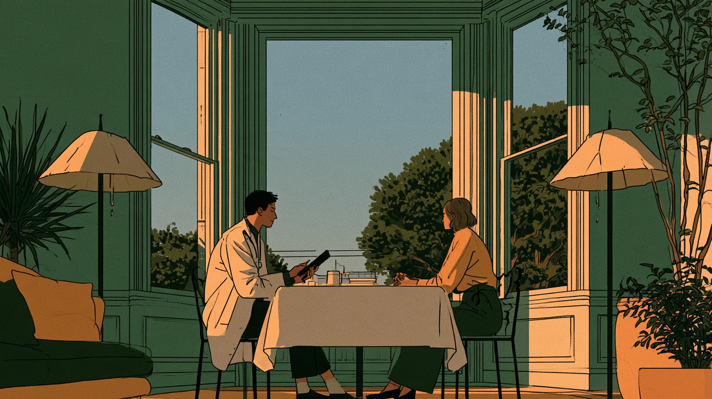 A doctor with a tablet consulting an elegant client in a bright Victorian house in San Francisco, tall bay windows, morning light, plants