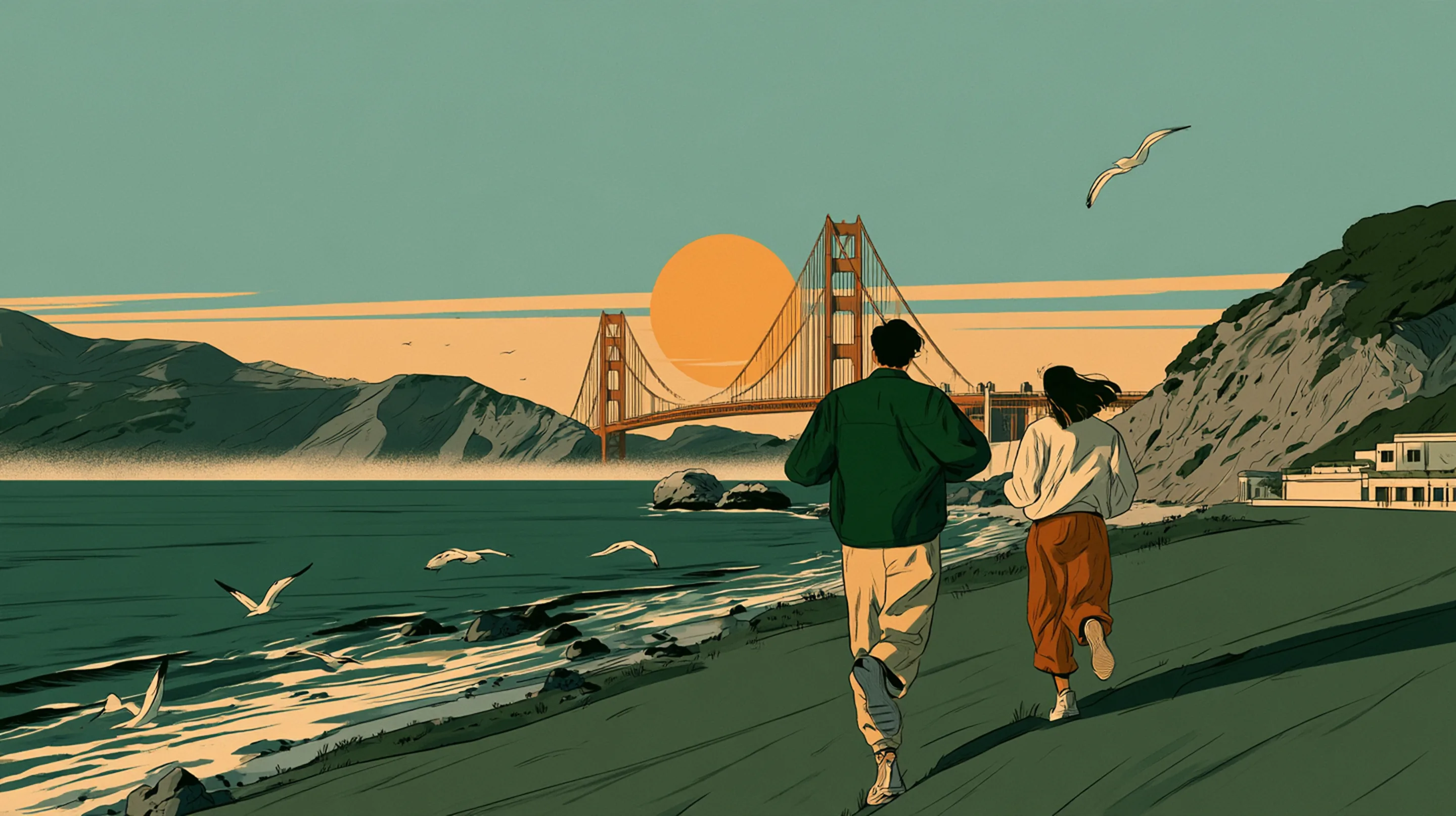 A man and a woman running along the Crissy Field shoreline in San Francisco at sunrise, the Golden Gate Bridge ahead, gulls, mist on the water