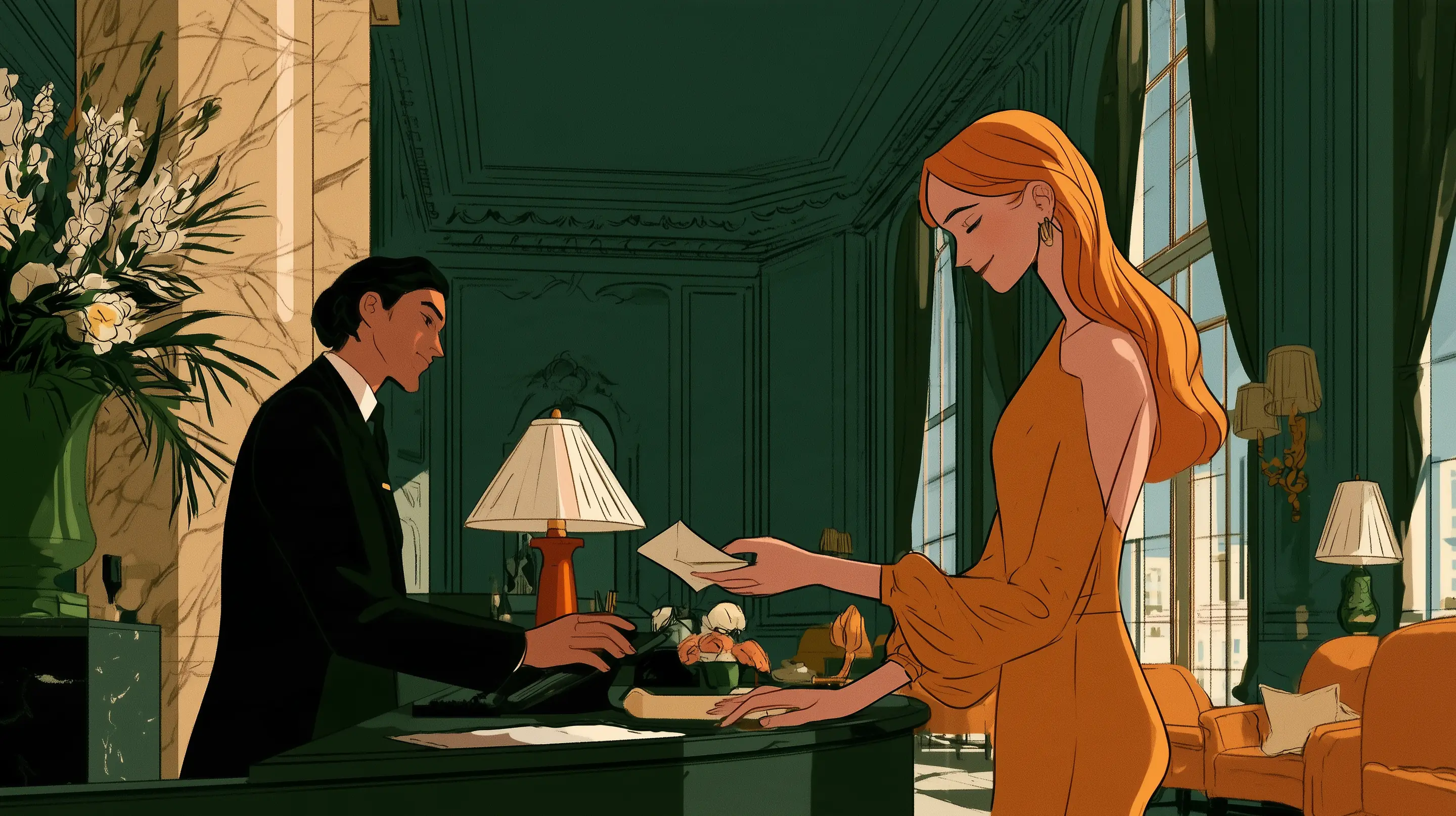 A hotel concierge handing an envelope across a desk to a smiling elegant guest in a grand Nob Hill hotel lobby in San Francisco, marble, tall windows, flowers
