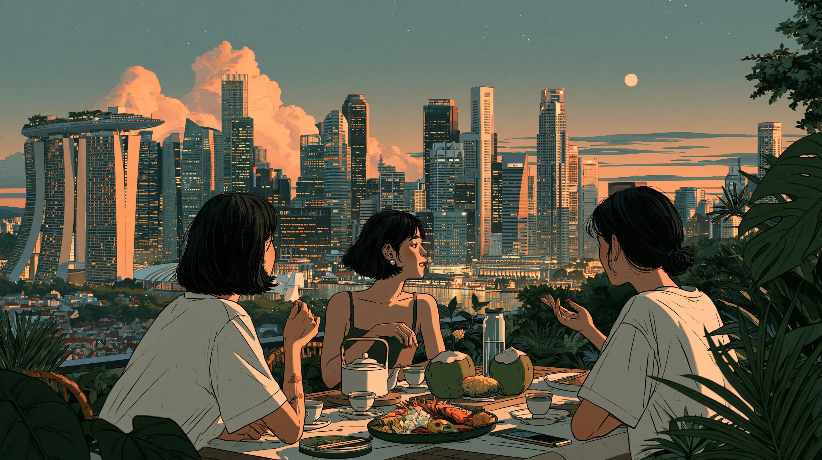 Three friends at a garden table above the Singapore skyline at dusk, tea, fresh coconuts and a platter of fruit, Marina Bay Sands beyond
