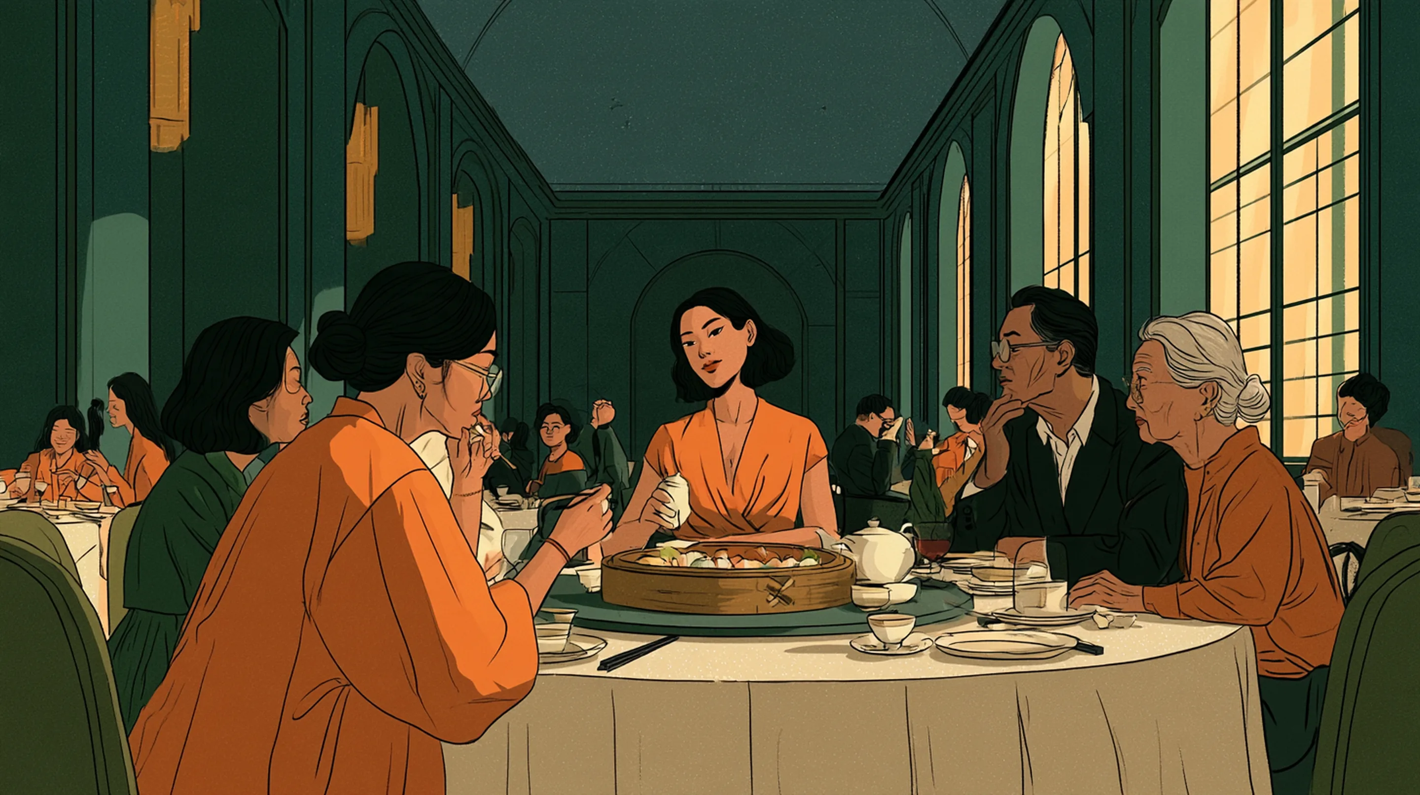 Three generations of an elegant Singaporean family at a long dim sum lunch in a grand restaurant