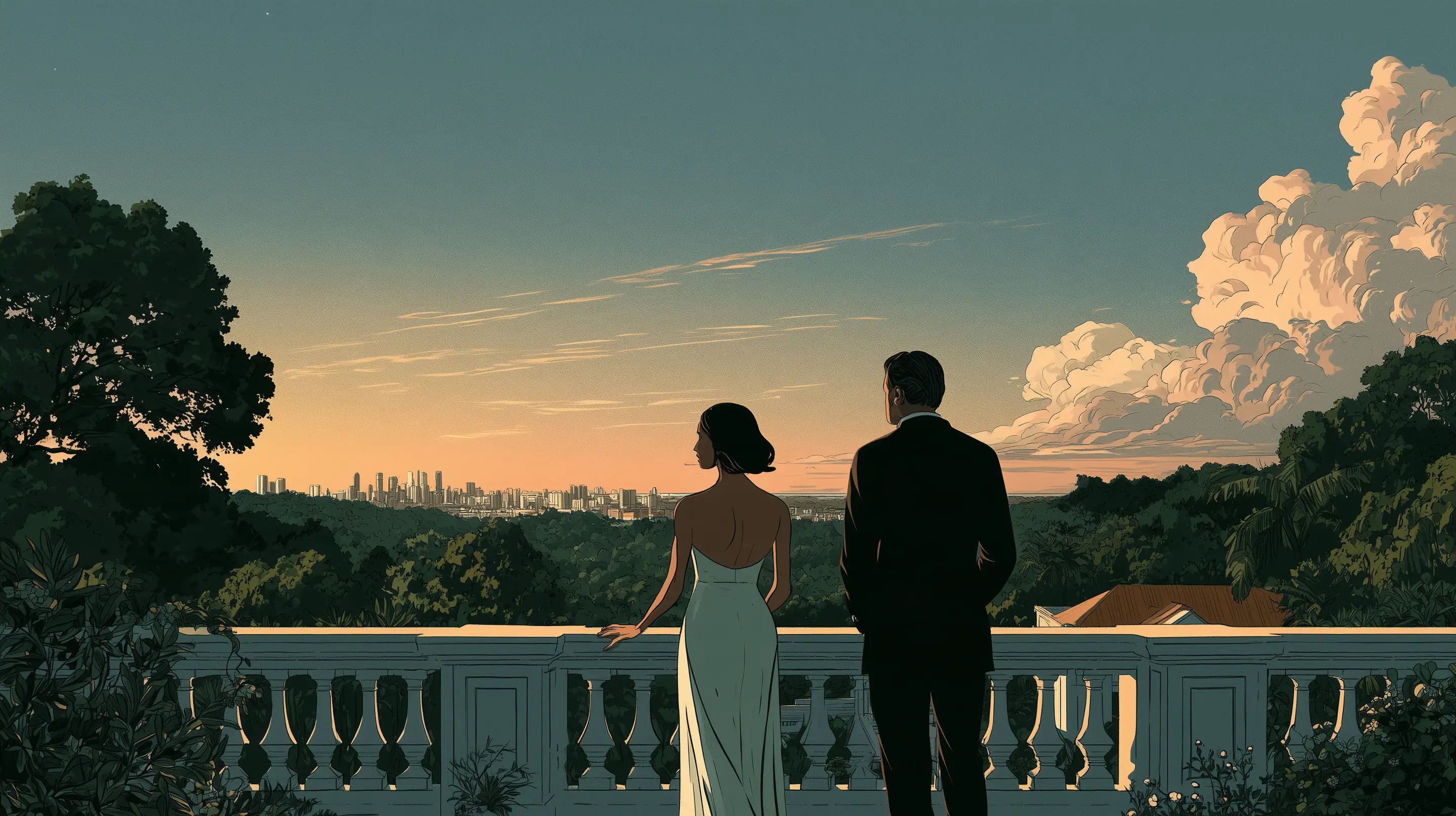 An elegant couple standing side by side on the veranda of a colonial bungalow in Singapore at dusk, looking out over the gardens to the skyline