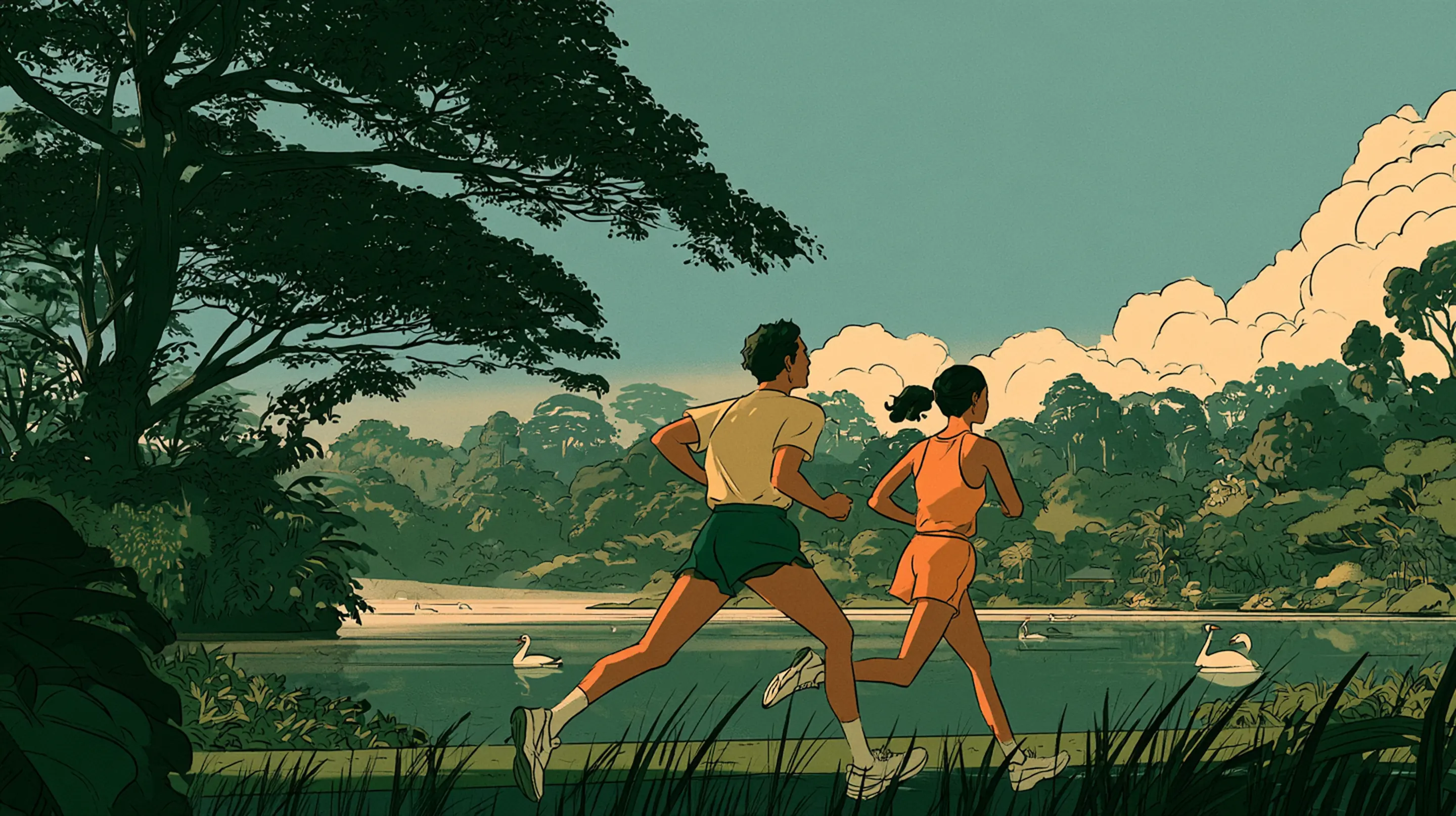 A man and a woman running through the Singapore Botanic Gardens at sunrise
