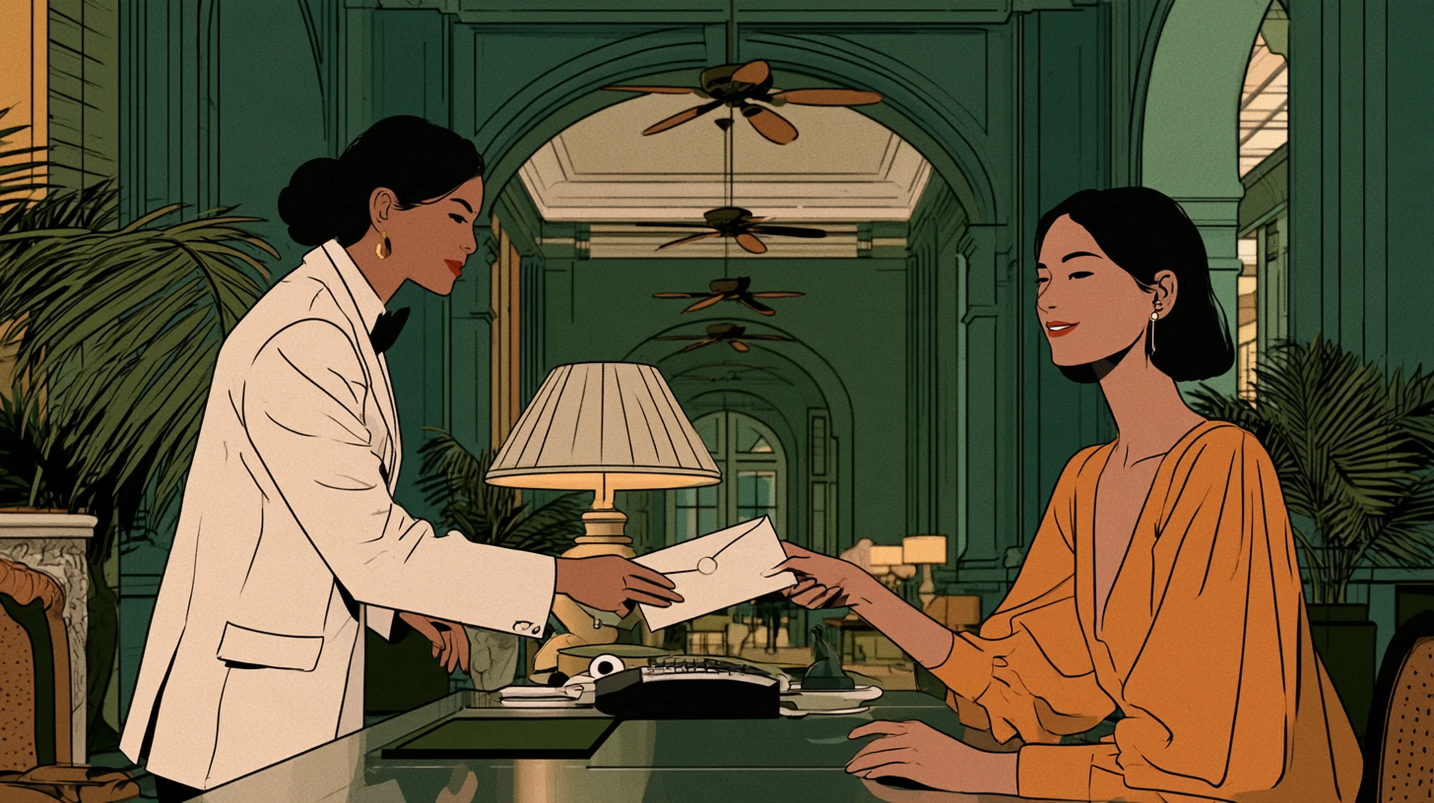 A hotel concierge in a white suit handing an envelope across a polished desk to a smiling elegant guest in a grand colonial hotel lobby with ceiling fans and palms