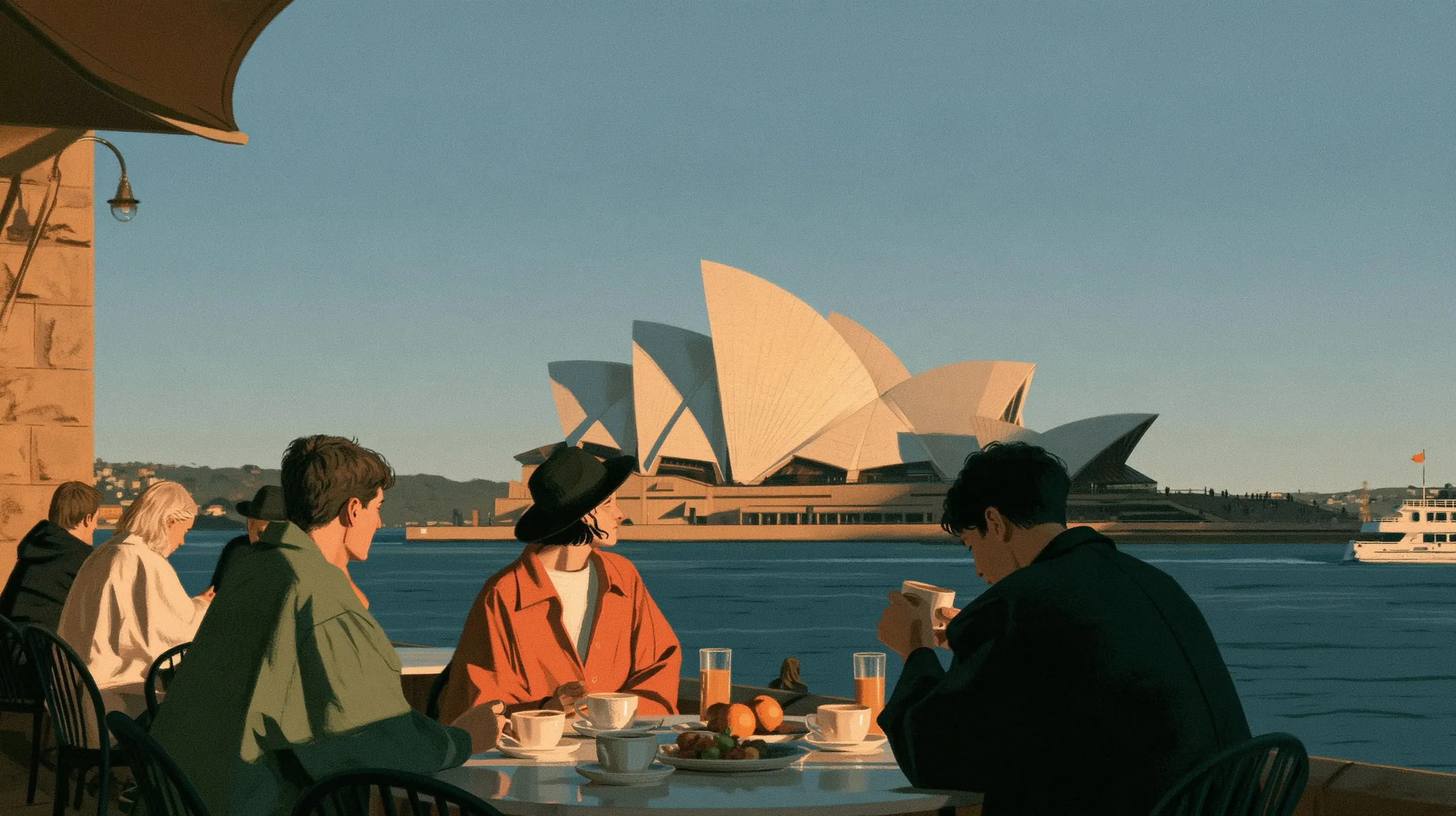 Friends at a harbourside café table in Sydney with coffee, orange juice and fruit, the Opera House across the water