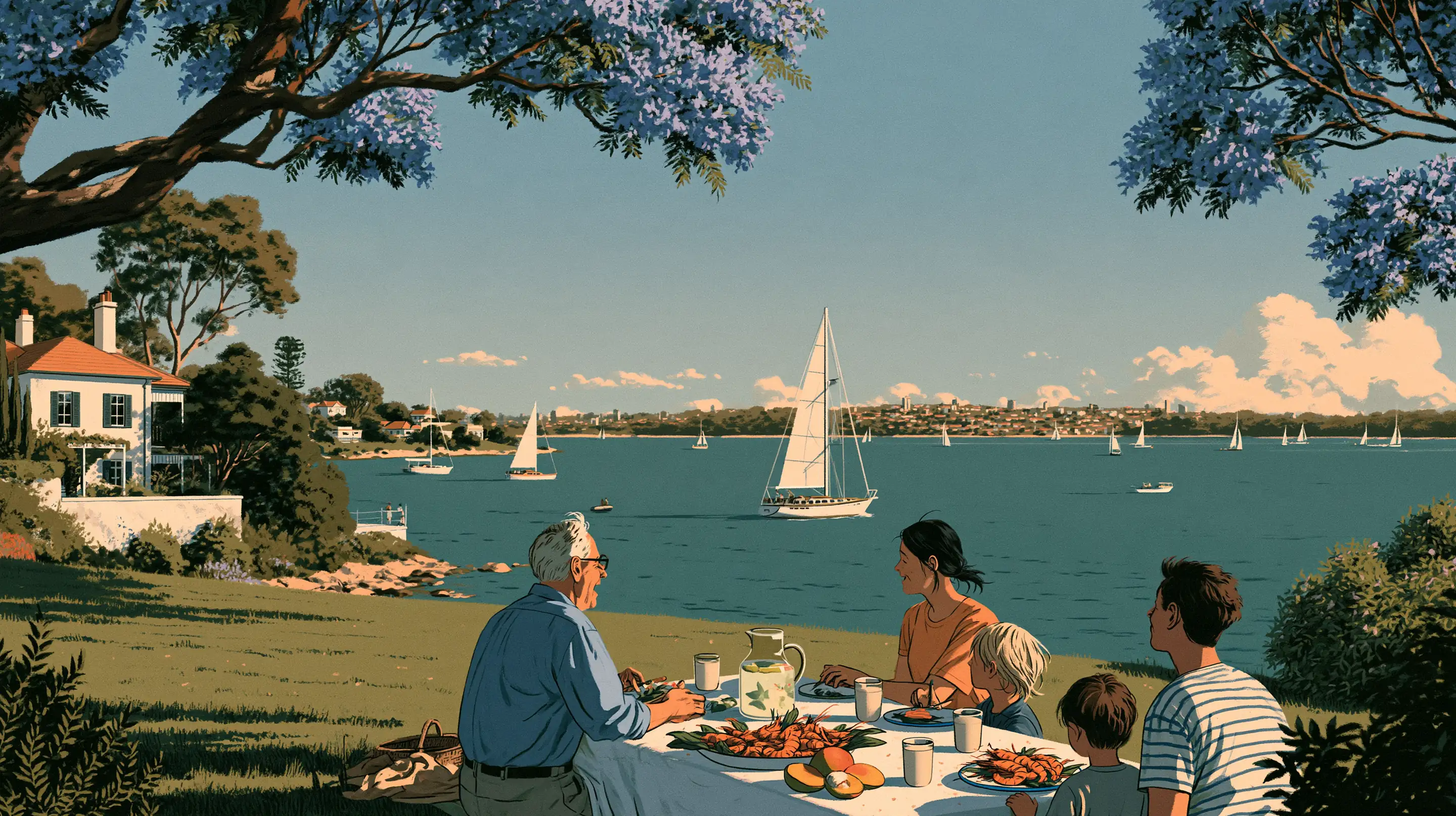 Three generations at lunch on a harbourside lawn under a flowering jacaranda in Sydney, prawns and mangoes, sailboats on the water