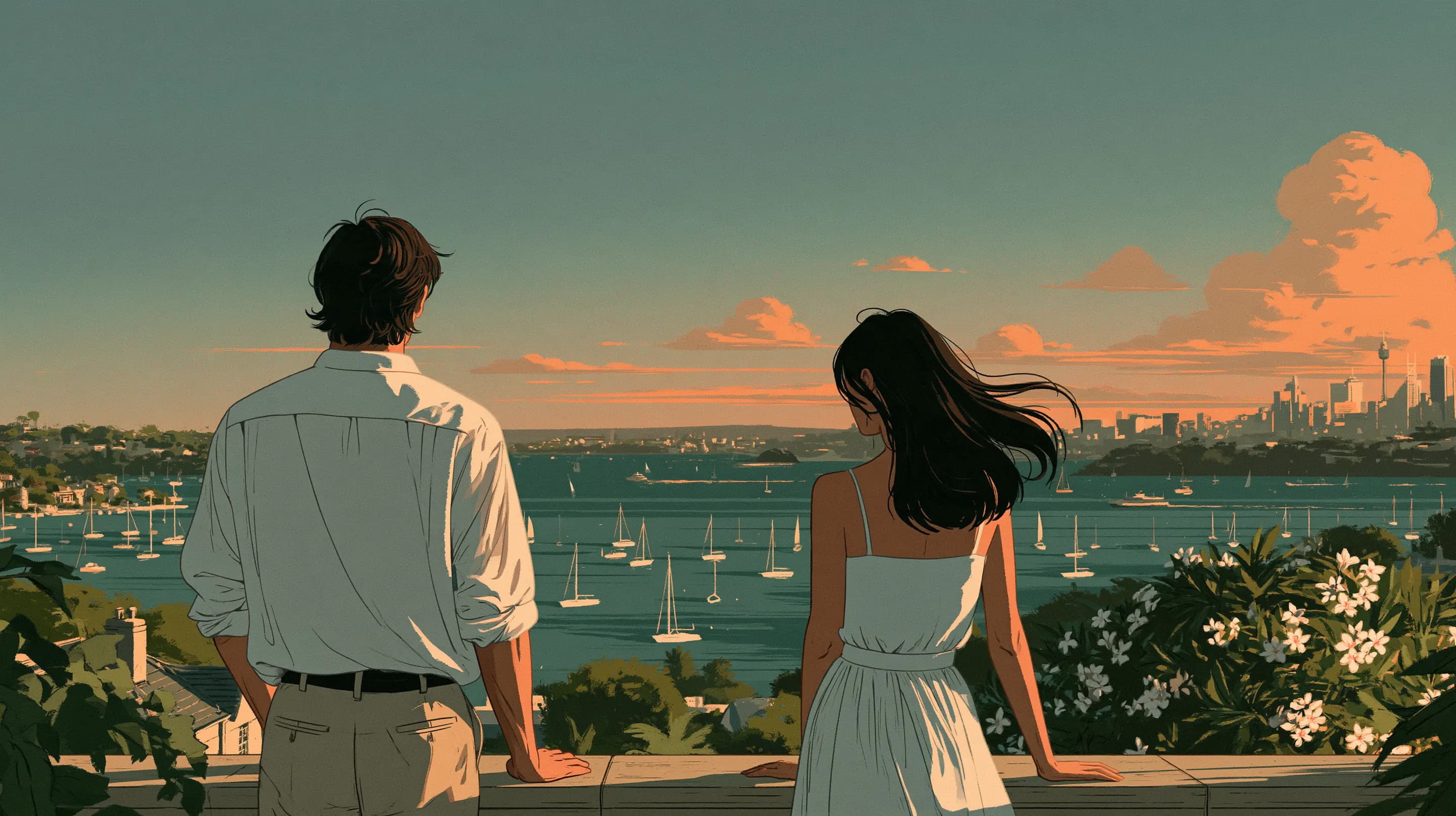 A couple standing apart at a sandstone terrace at Point Piper at golden hour, the harbour full of sailboats, frangipani in bloom and the city soft beyond