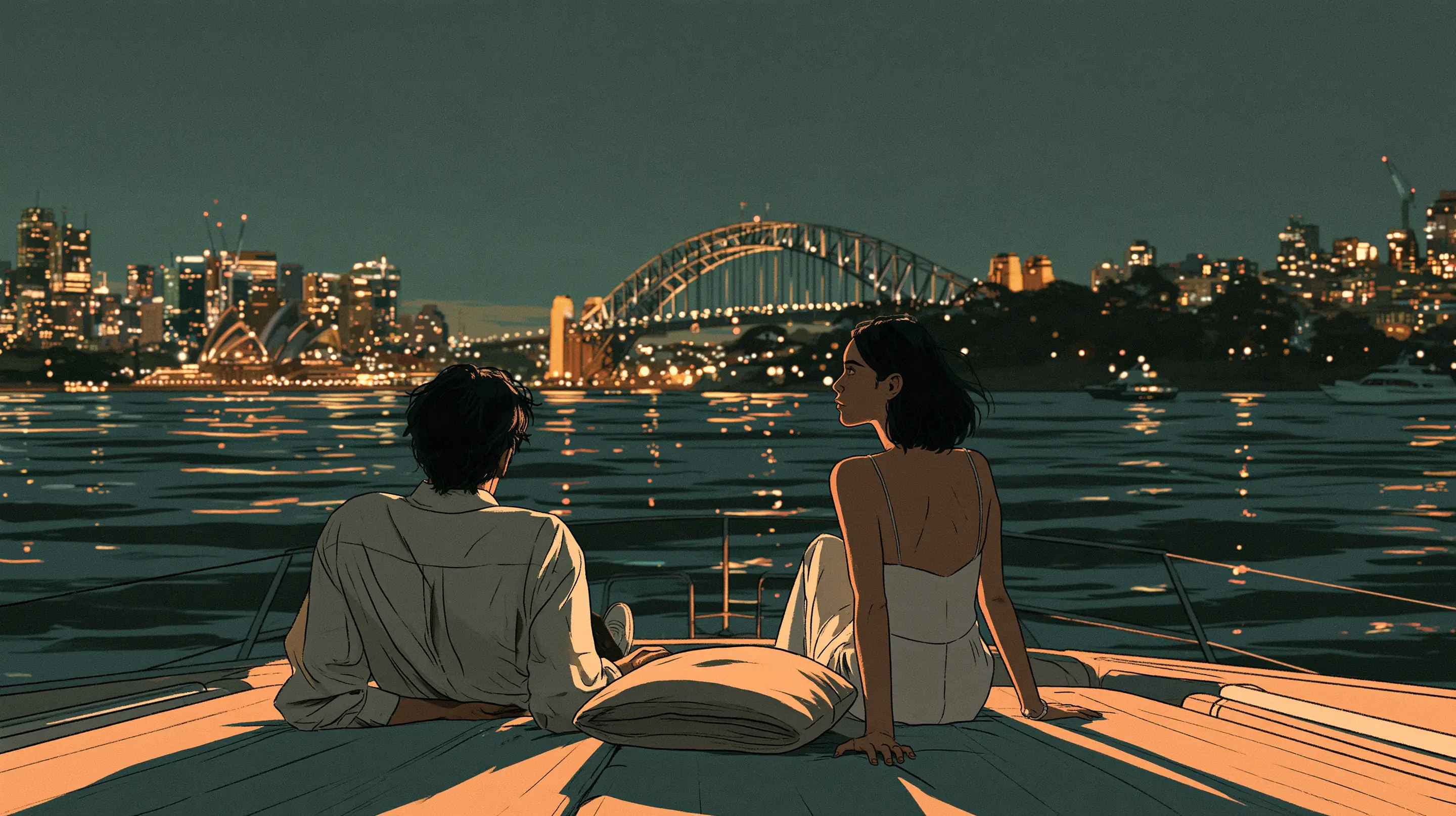A couple seated apart on the deck of a yacht on Sydney Harbour at night, a cushion between them, the Harbour Bridge and the Opera House lit beyond