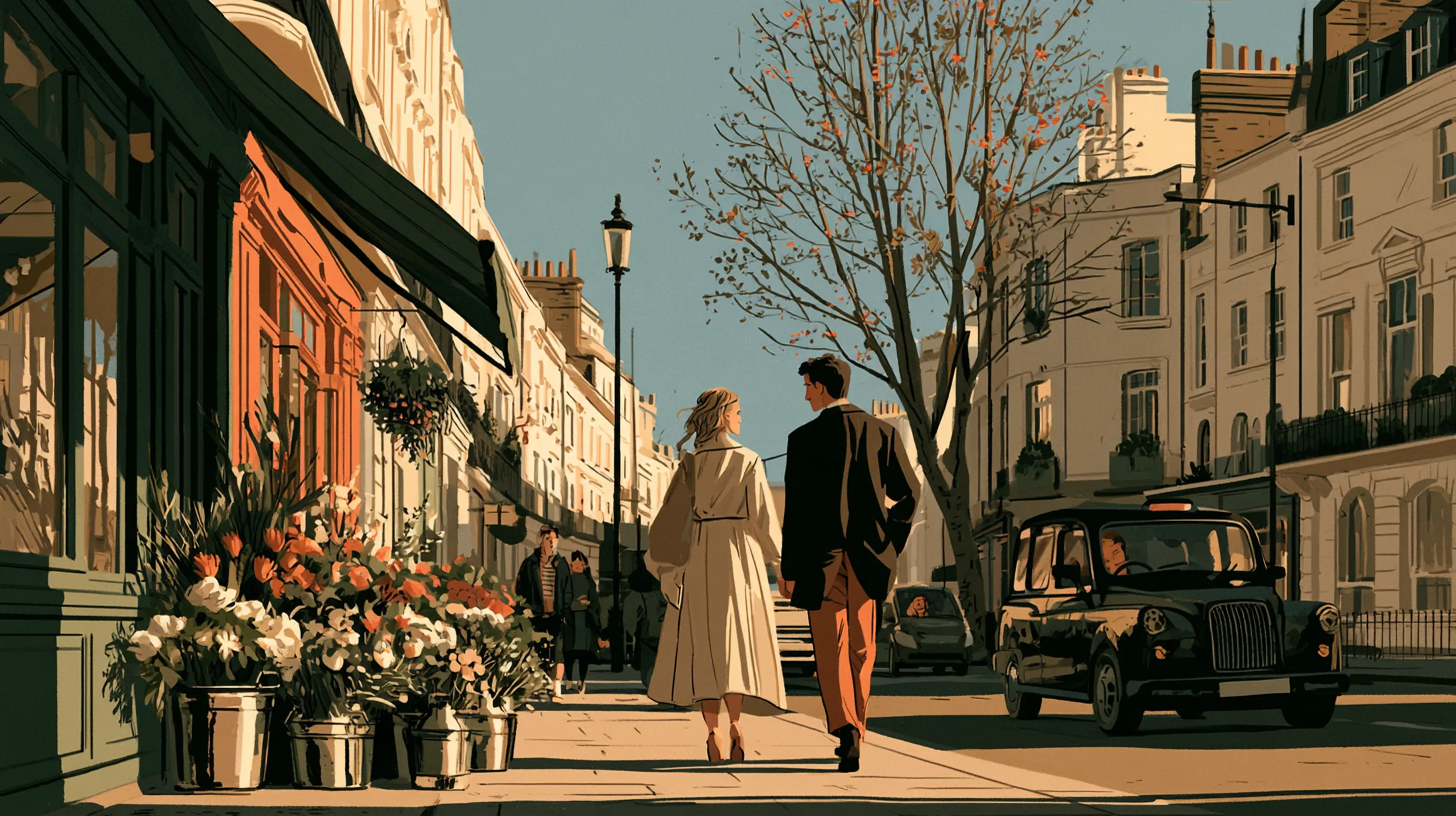 A couple walking along Marylebone High Street in London on a sunny morning, past a florist’s flowers and a black cab
