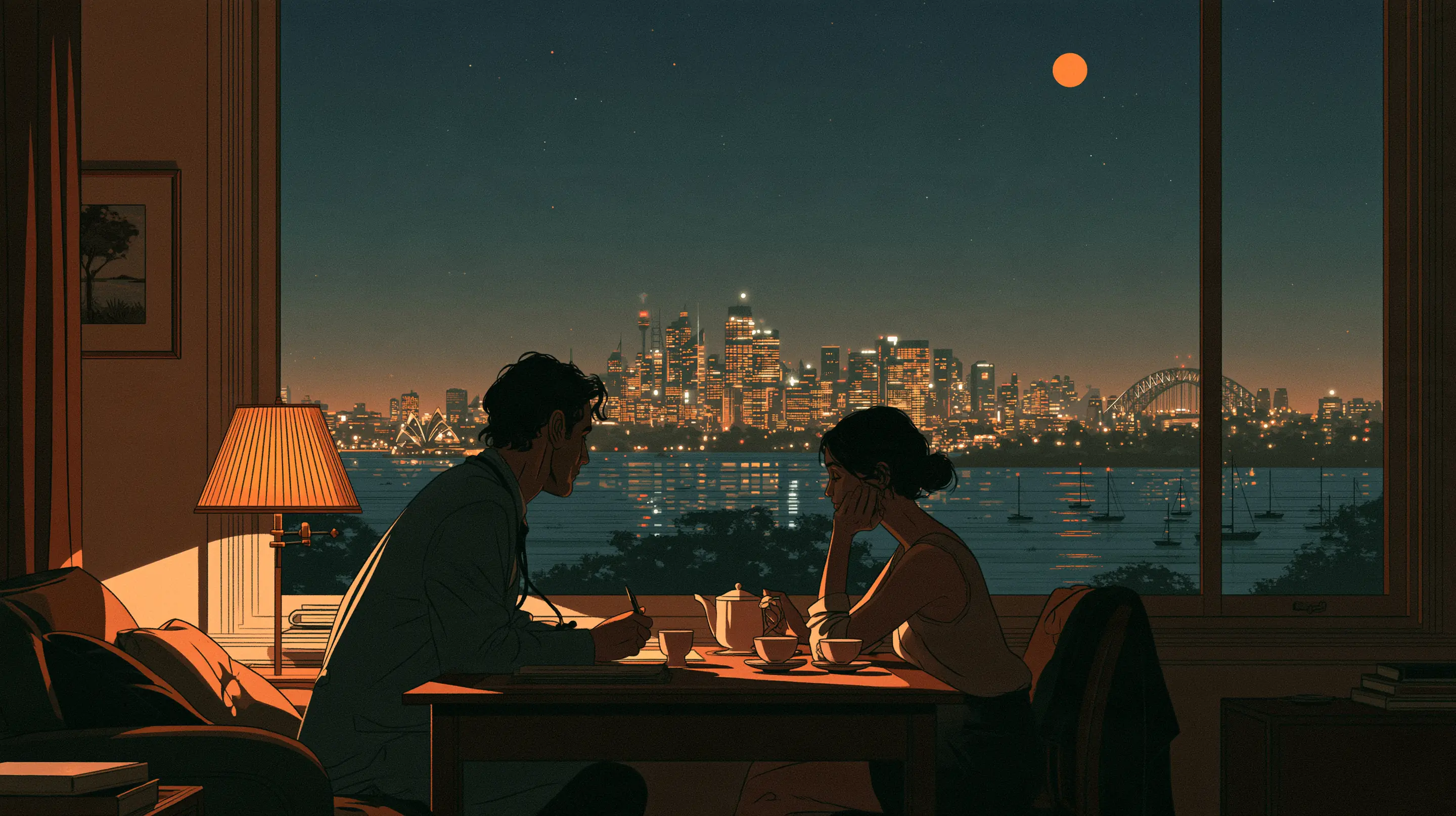 A doctor and a client talking over tea at a table by a window at night, the lit Sydney skyline and the harbour beyond