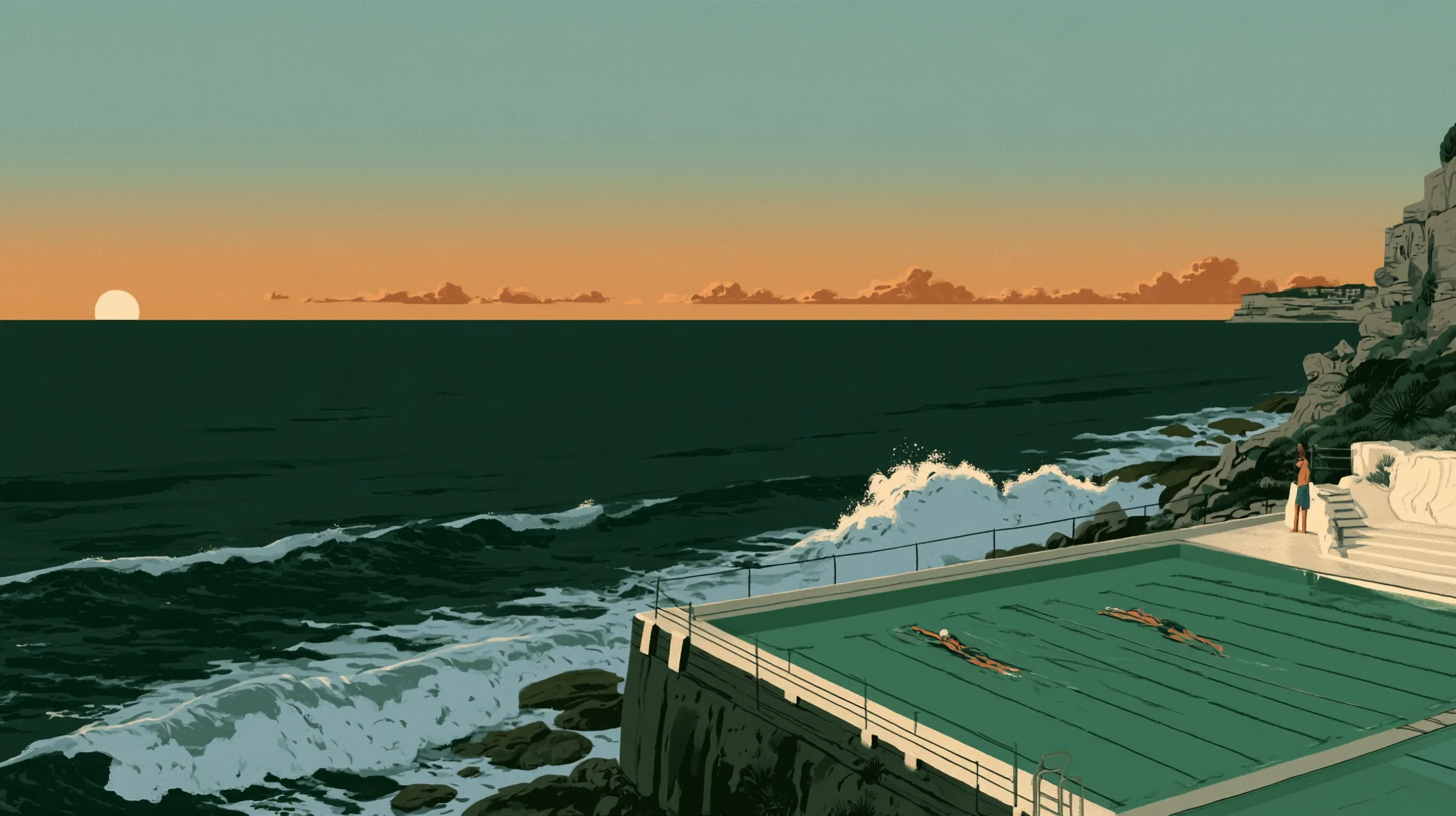 A woman swimming lengths in a cliffside ocean pool in Sydney at sunrise, waves breaking on the rocks beside it, a man with a towel on the steps