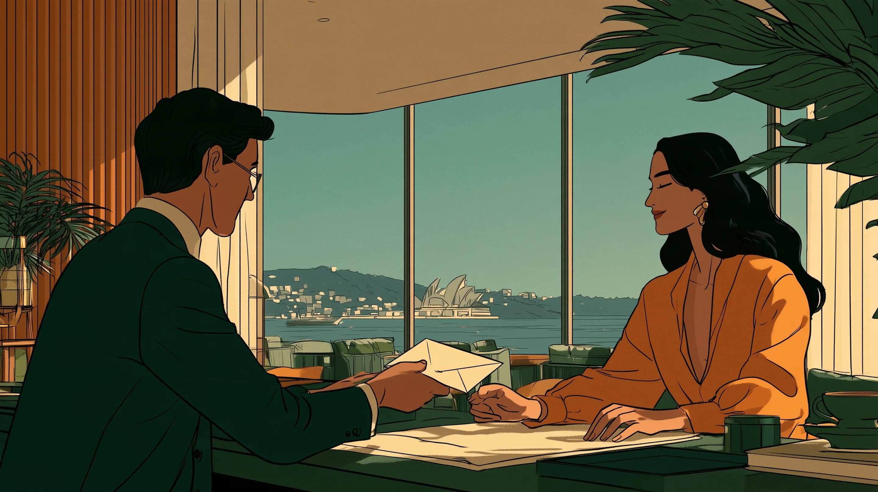 A hotel concierge handing an envelope across a desk to a smiling elegant guest in a light-filled Sydney hotel lobby, timber, tall windows onto the harbour